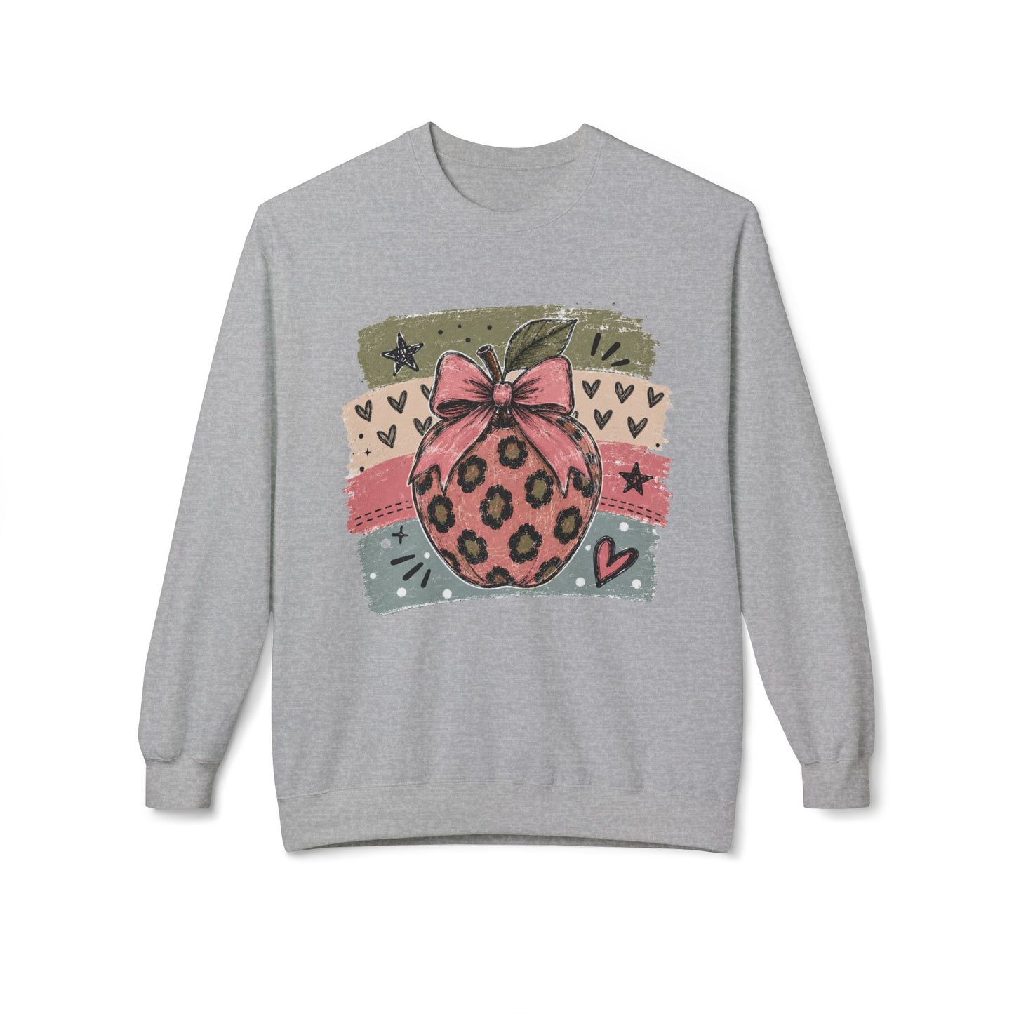 Sport gray sweatshirt with front graphic leopard ornament with pink bow and hearts.