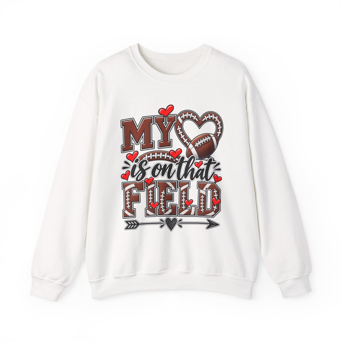 White crewneck sweatshirt with 'My' heart and football graphic