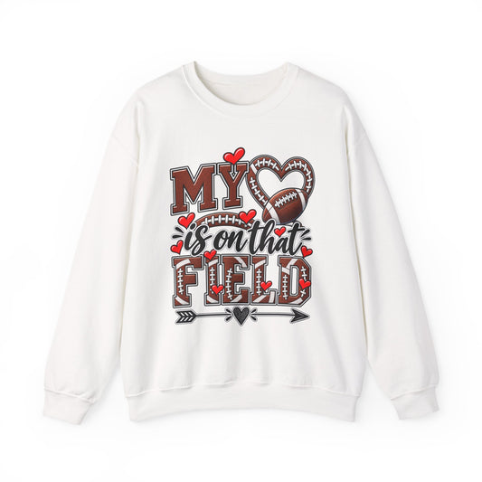 White crewneck sweatshirt with 'My' heart and football graphic