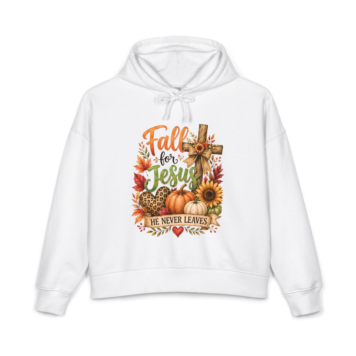 White hoodie with front religious fall foliage and sunflower graphic, drawstring hood