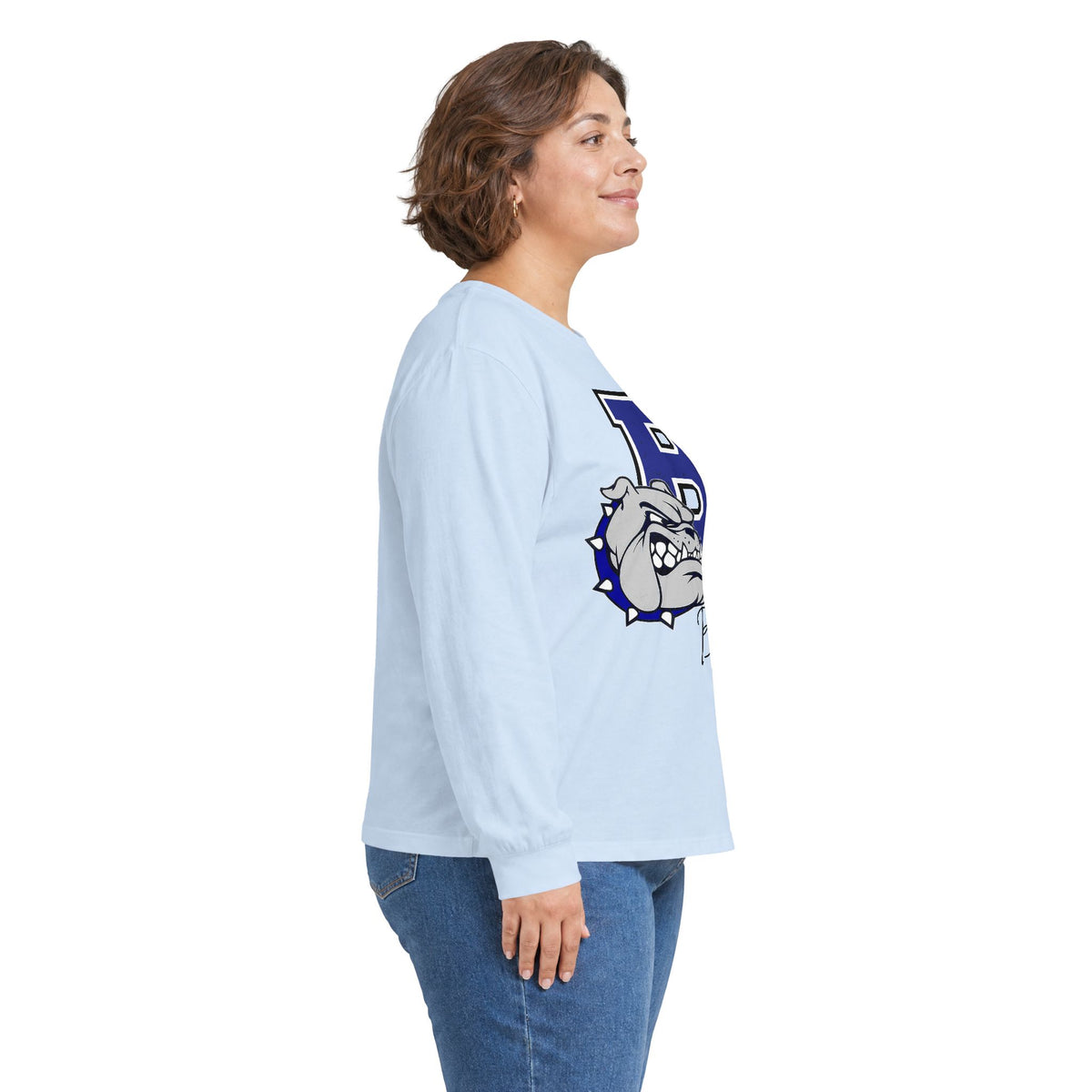 Light blue long-sleeve T-shirt with large blue bulldog logo on the back