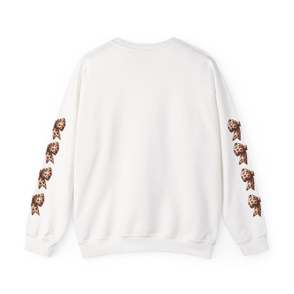 White crewneck sweatshirt back view with leopard bow detail on both sleeves