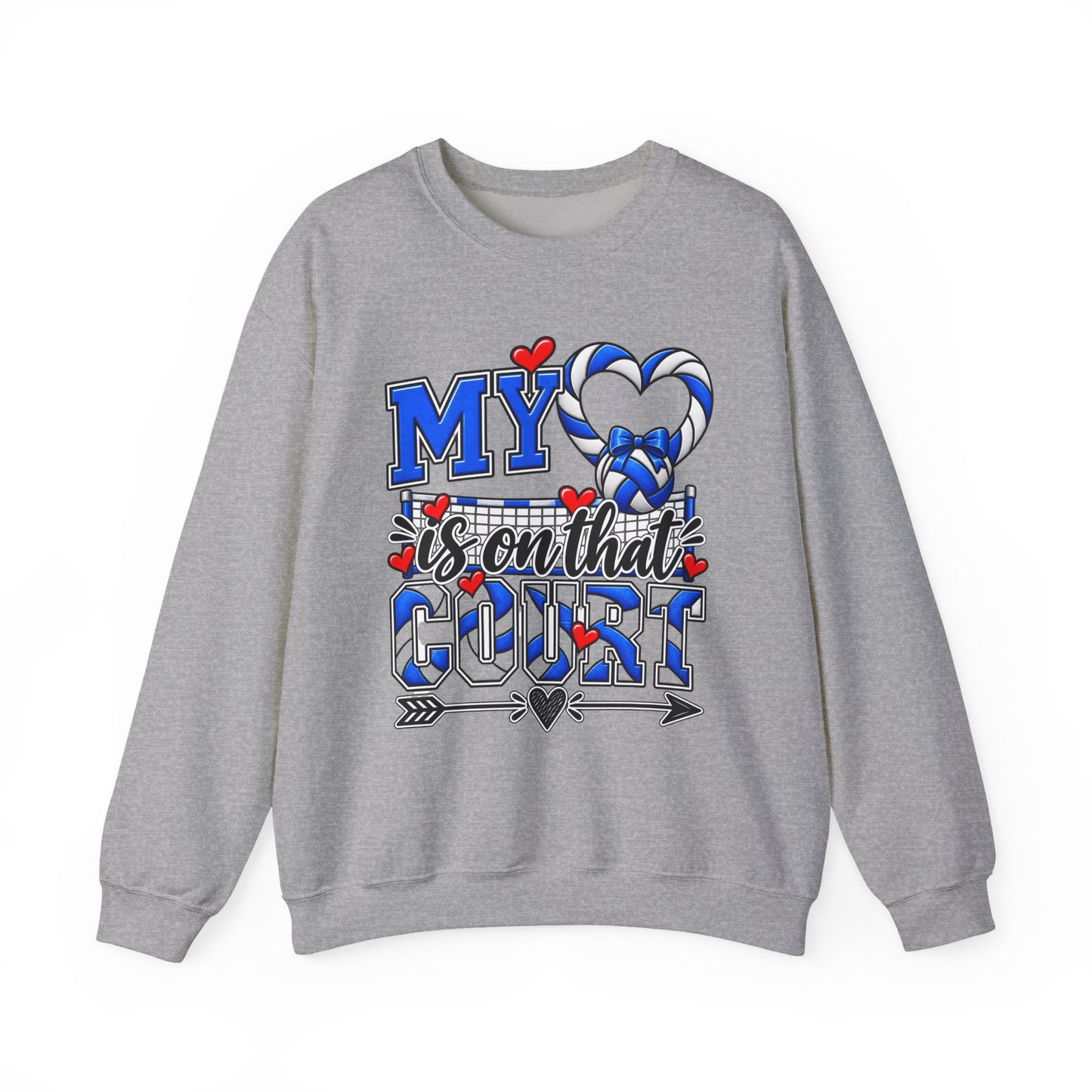 Sport grey volleyball graphic sweatshirt with blue heart and “My…” court design