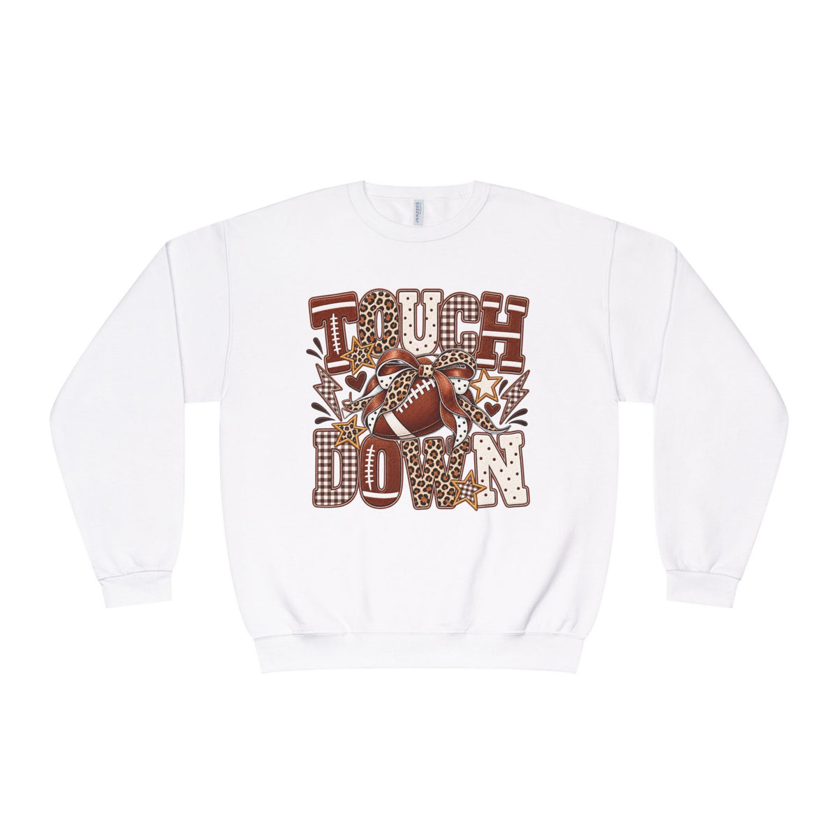 White crewneck sweatshirt with brown football graphic and “Touchdown” lettering