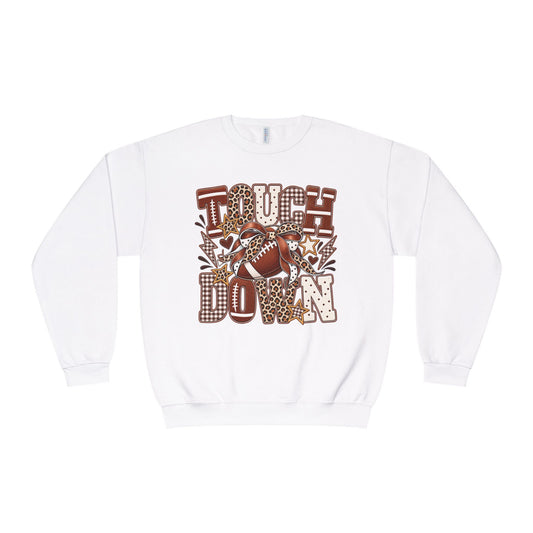White crewneck sweatshirt with brown football graphic and “Touchdown” lettering