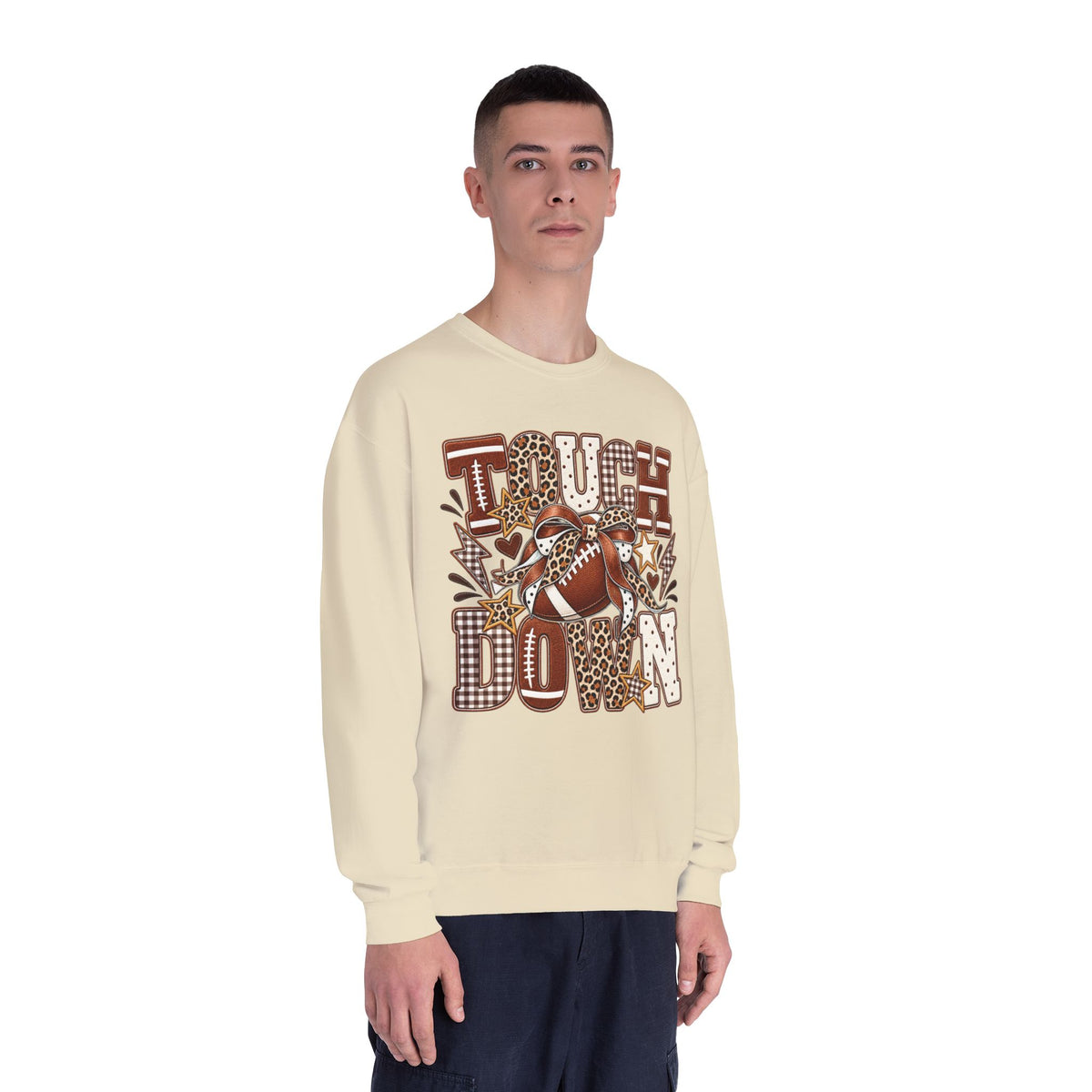 Sandstone crewneck sweatshirt worn, front view with brown football “Touchdown” graphic
