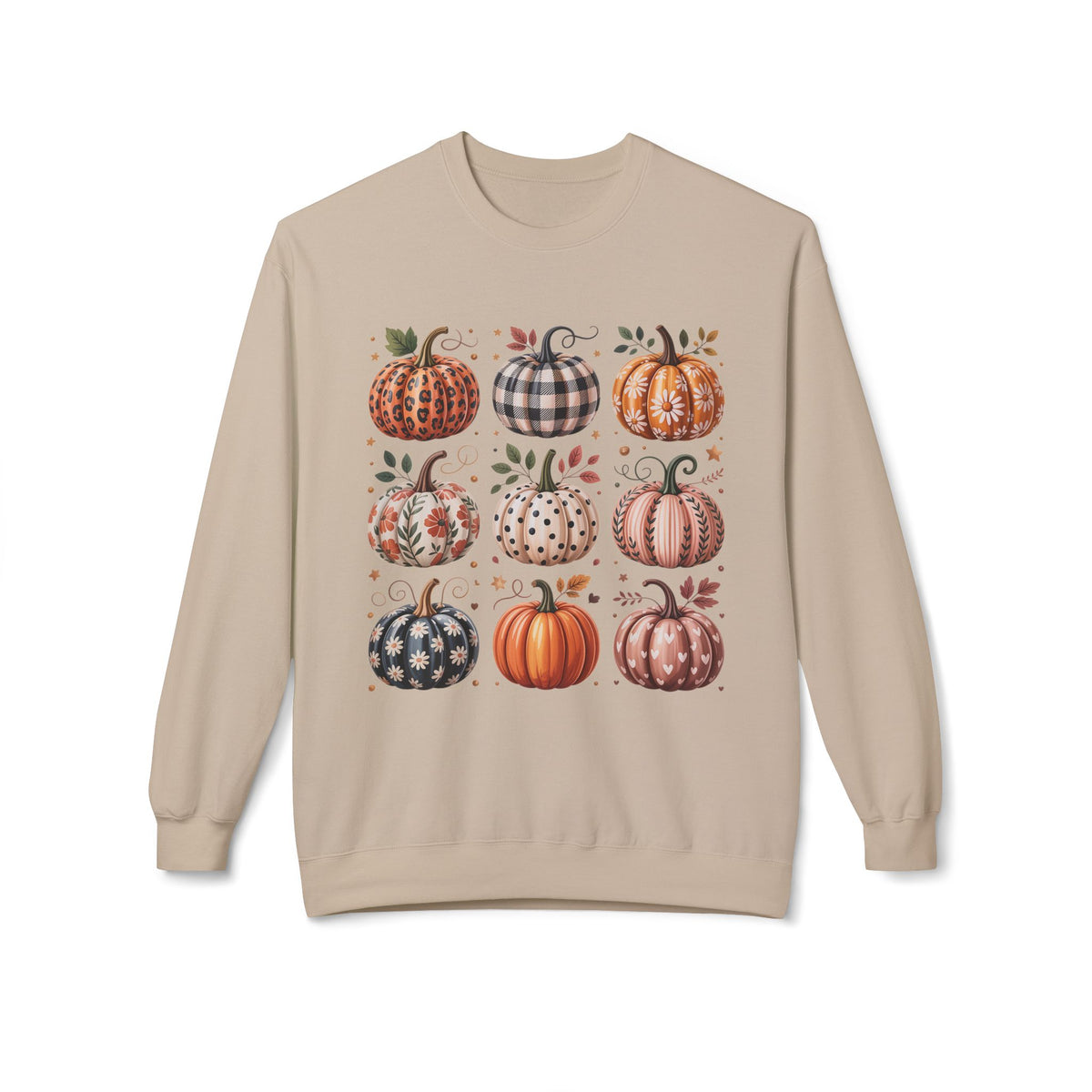 Sand crewneck sweatshirt with patchwork pumpkin graphic on the front
