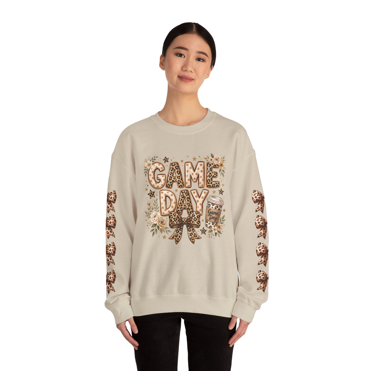 Sand crewneck sweatshirt on model with 'GAME DAY' leopard bow and floral print