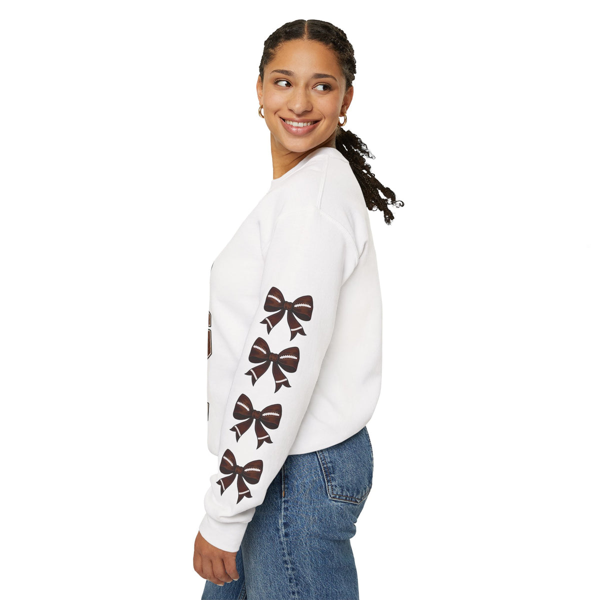 White crewneck sweatshirt with ribbon bow sleeve print, side view