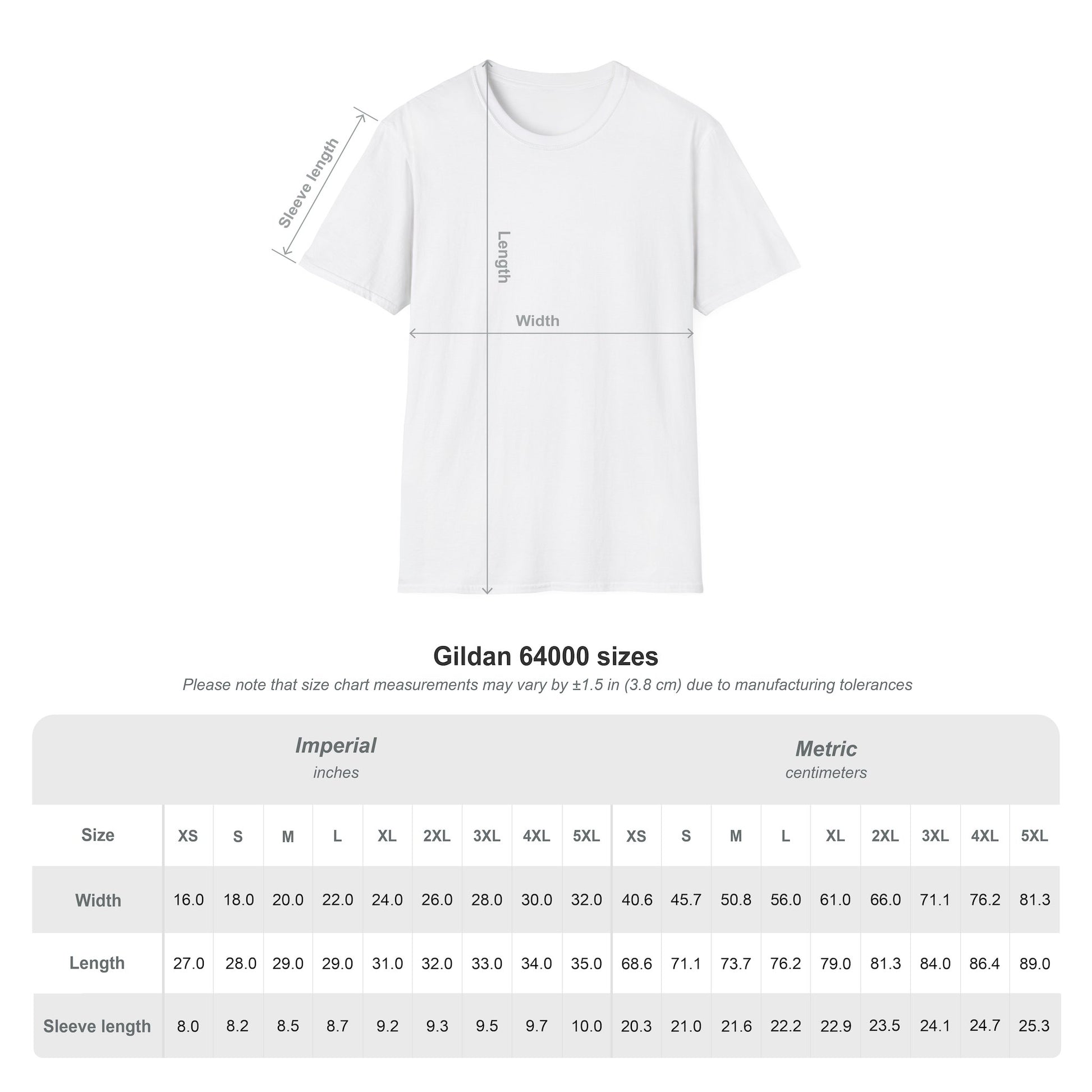 White crew-neck t-shirt with size chart graphic, laid flat