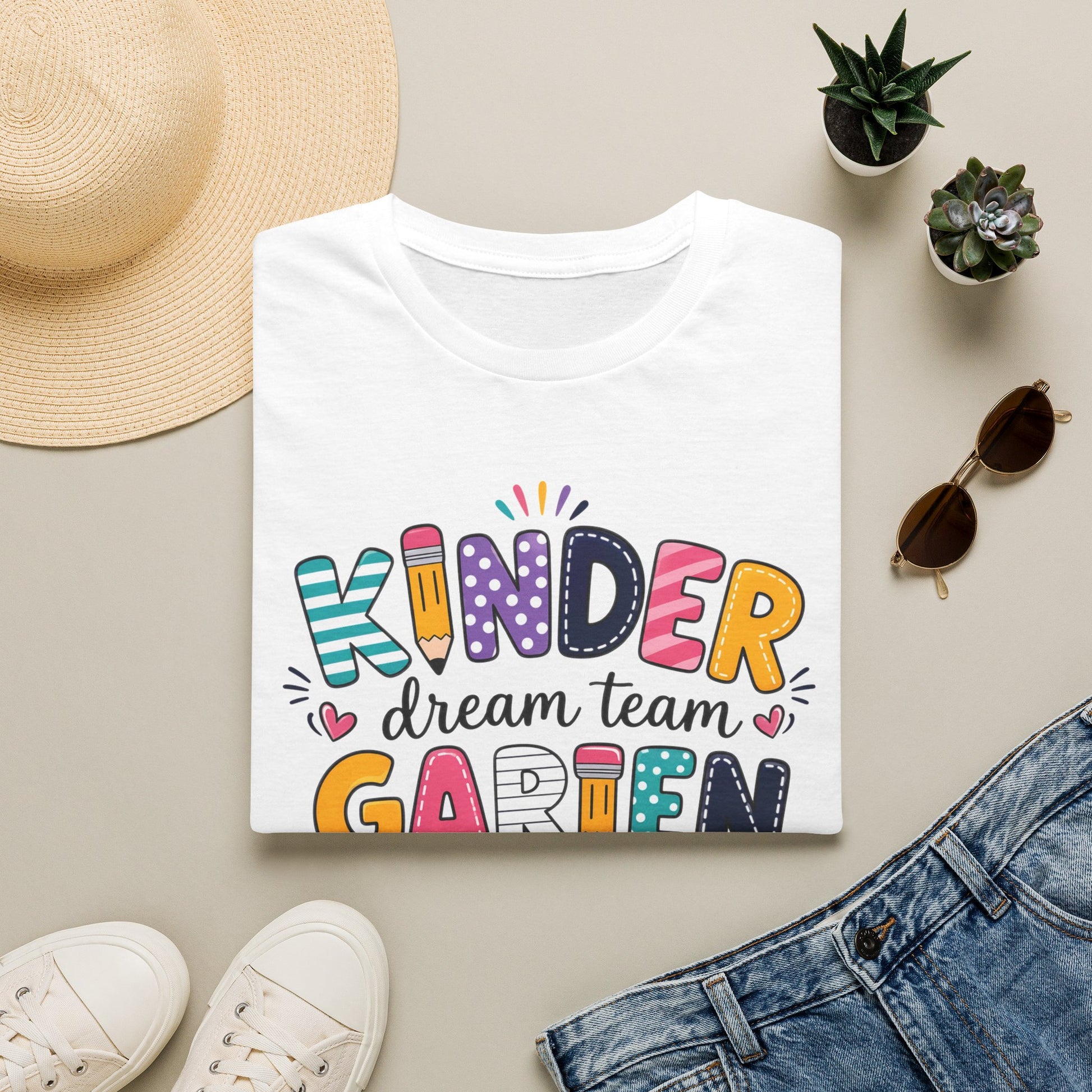 White kids graphic T-shirt with colorful "KINDER" "dream team" "GARDEN" front design