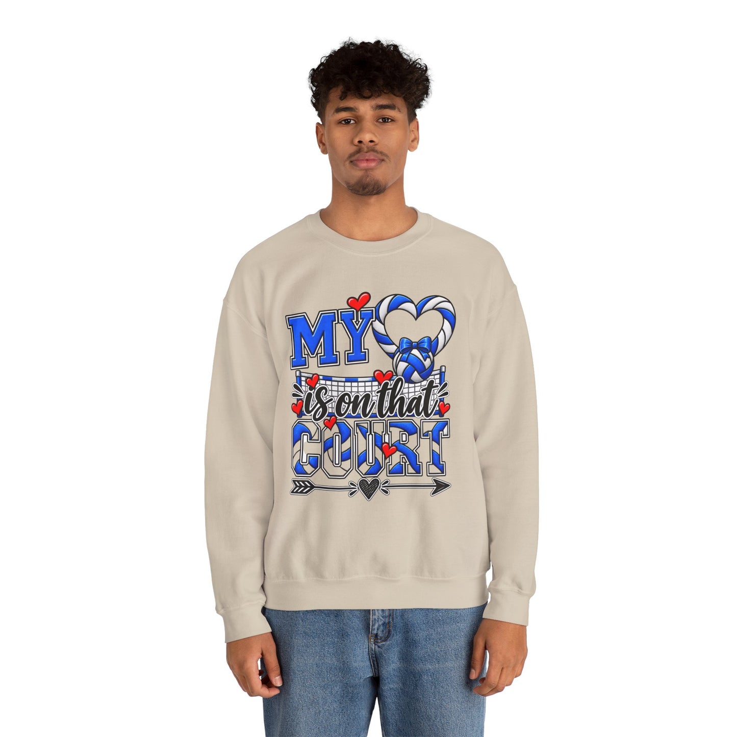 Light sand crewneck sweatshirt with large blue “court” volleyball graphic and hearts