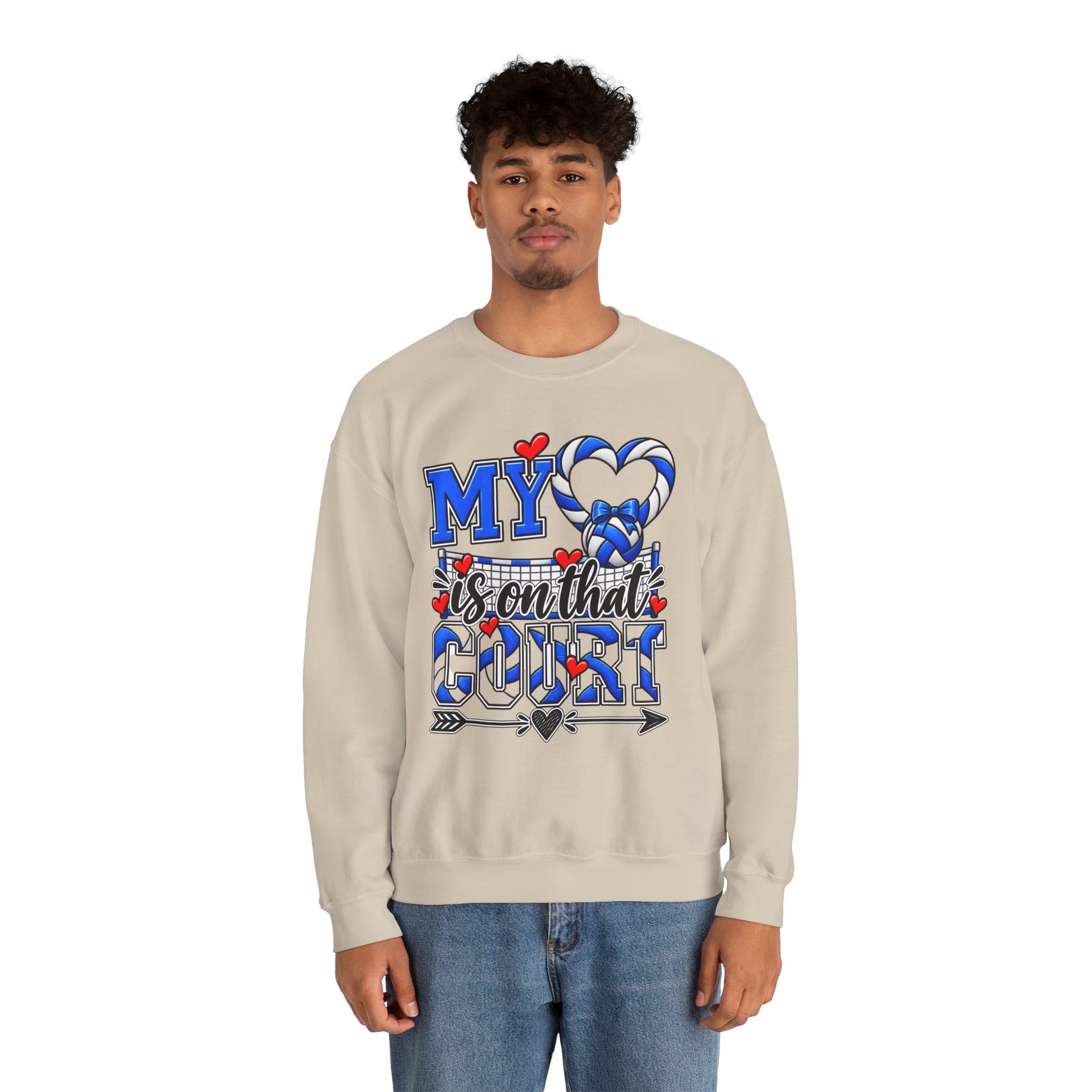 Light sand crewneck sweatshirt with large blue “court” volleyball graphic and hearts