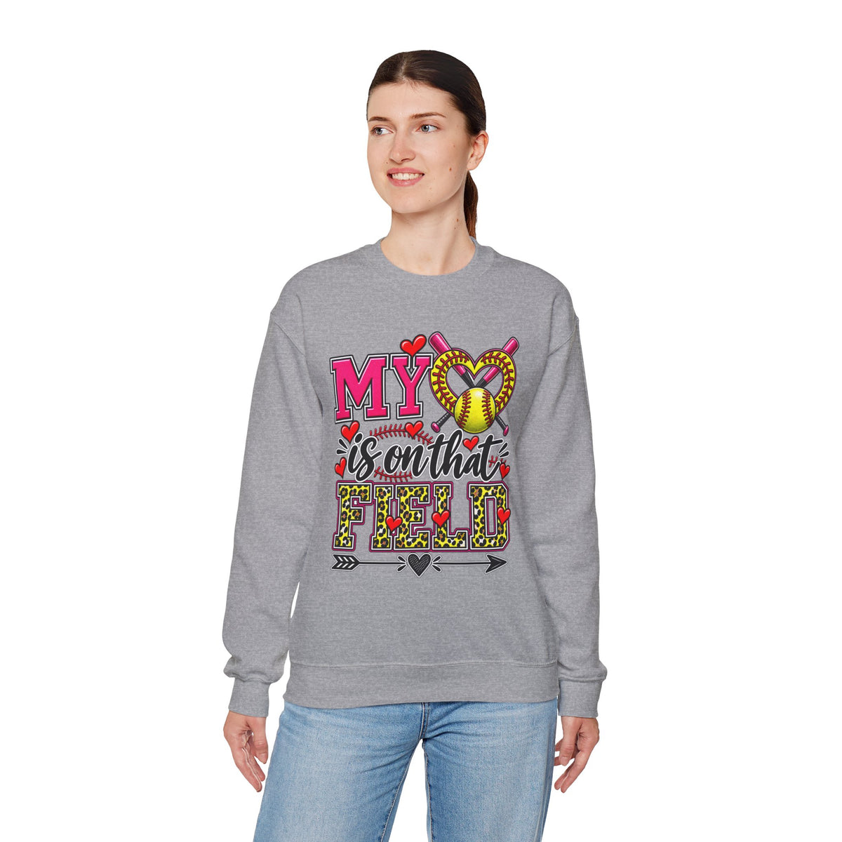 Gray crewneck sweatshirt with colorful softball heart design on front