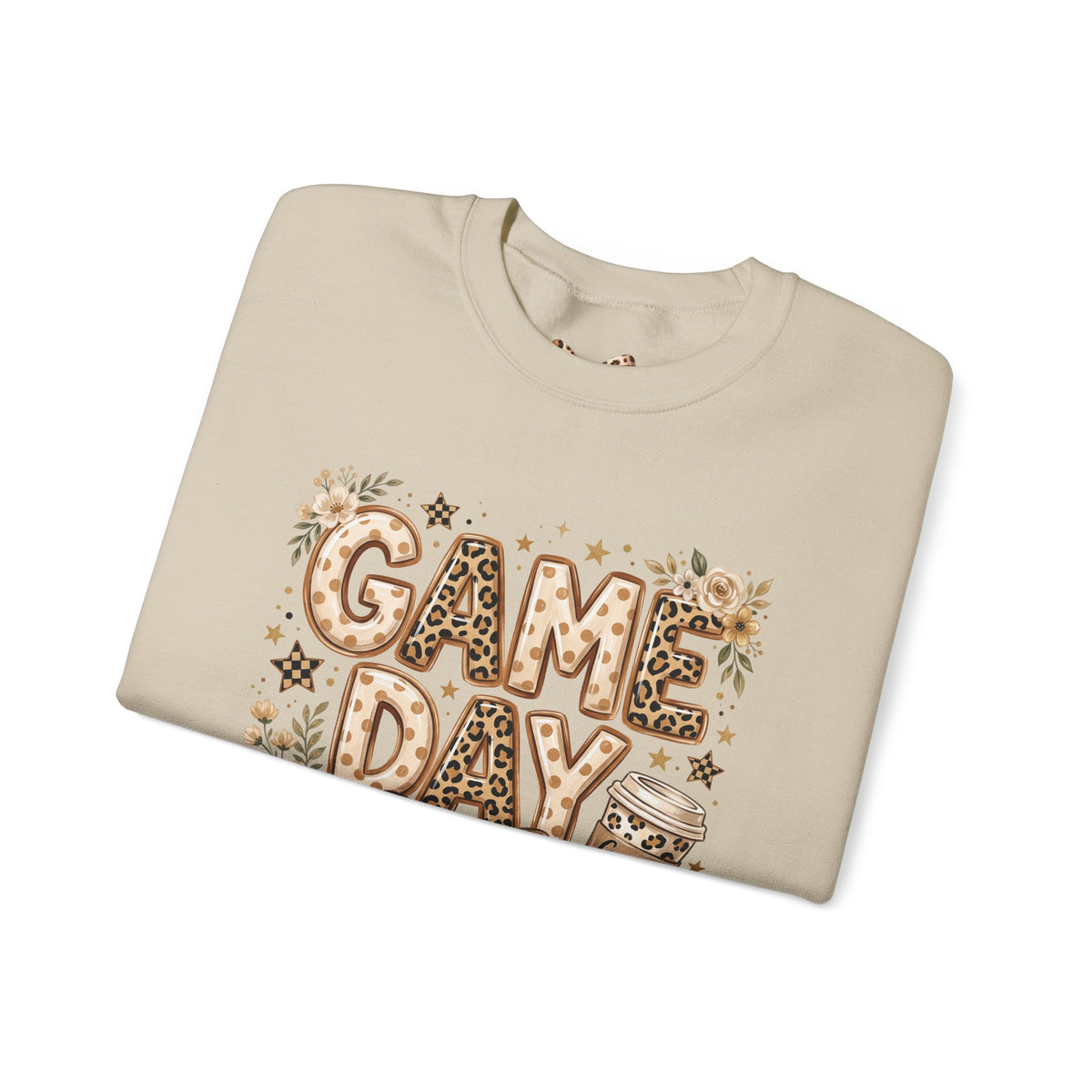 Sand crewneck sweatshirt with 'GAME DAY' leopard bow graphic and floral accents