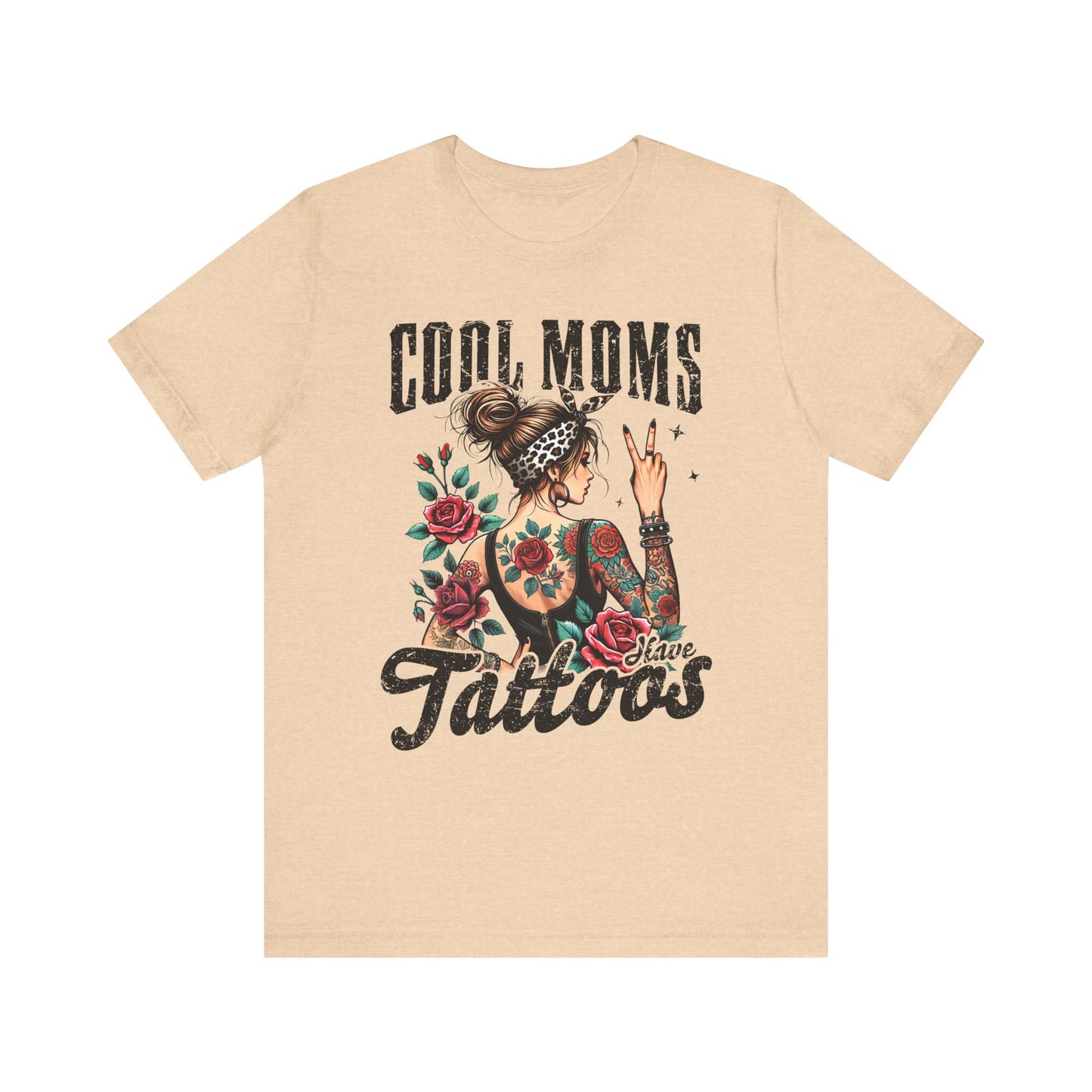 Tan unisex short sleeve jersey tee with front “Cool Moms Tattoos” graphic