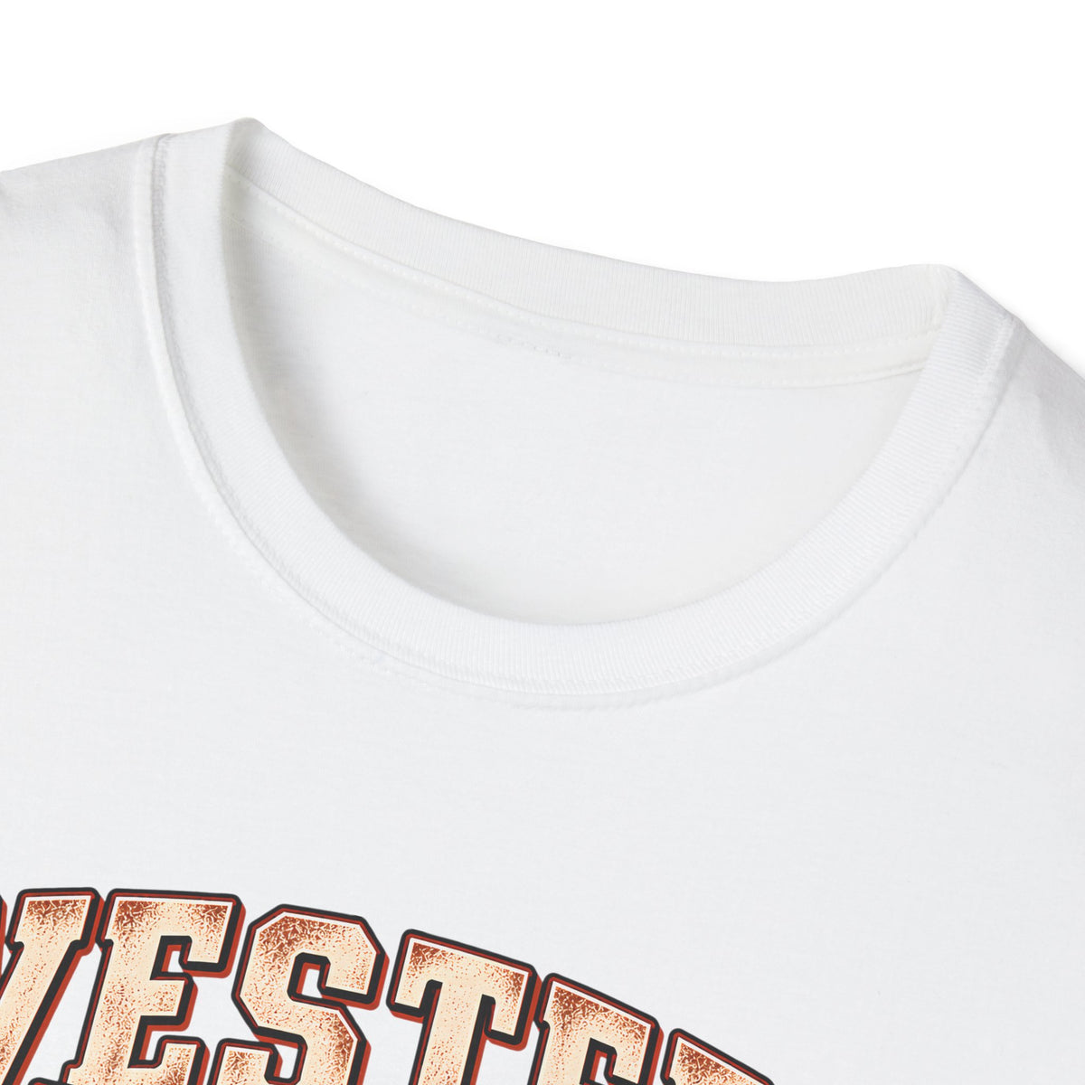 White crewneck T-shirt neckline close-up with visible stitching