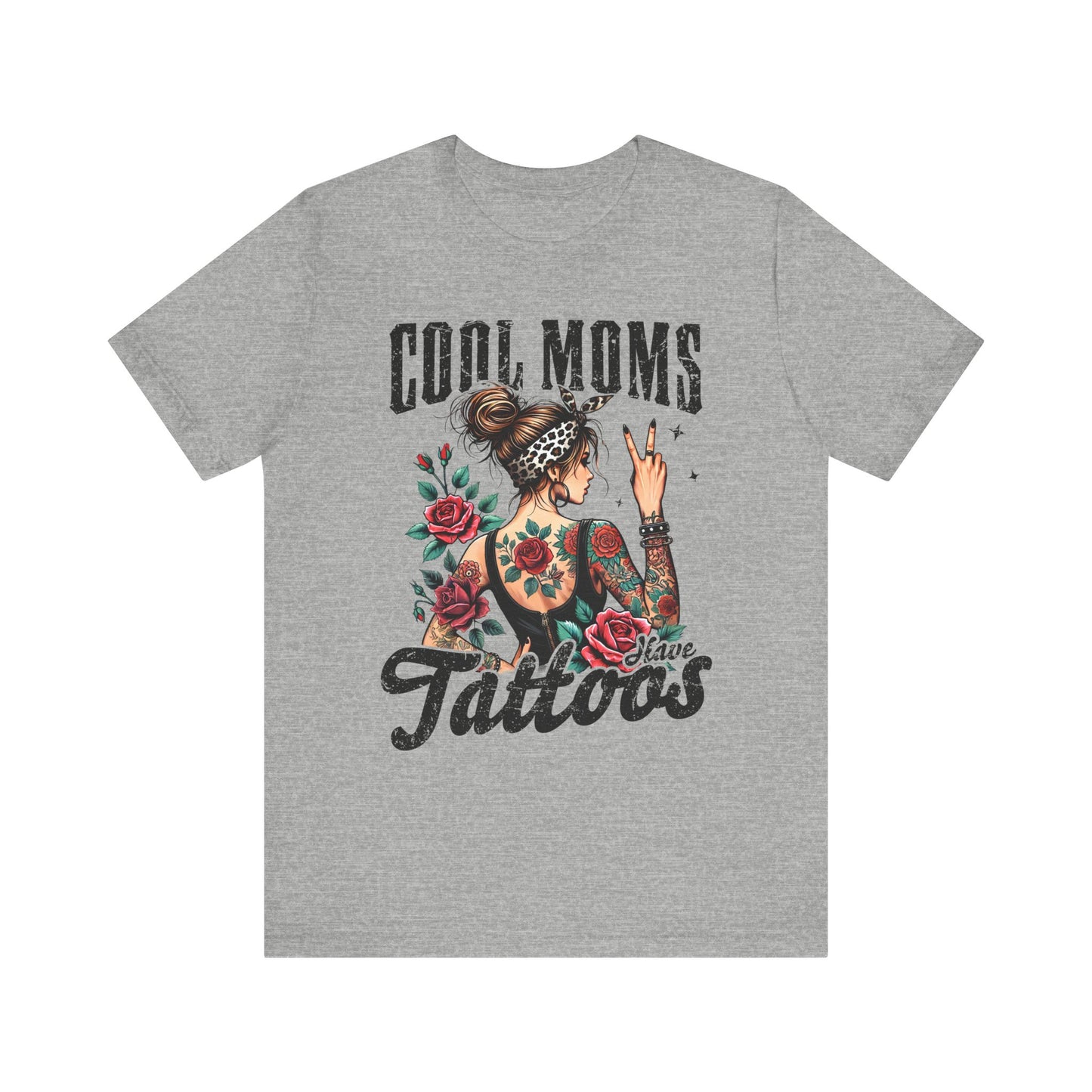 Heather gray unisex short sleeve jersey tee with front “Cool Moms Tattoos” graphic