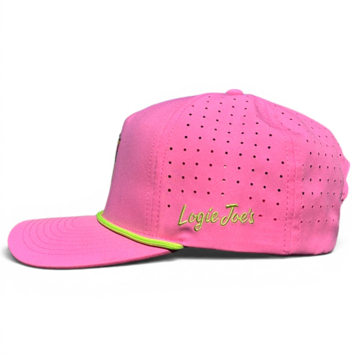 Pink golf snapback hat with perforated crown and embroidered logo on back