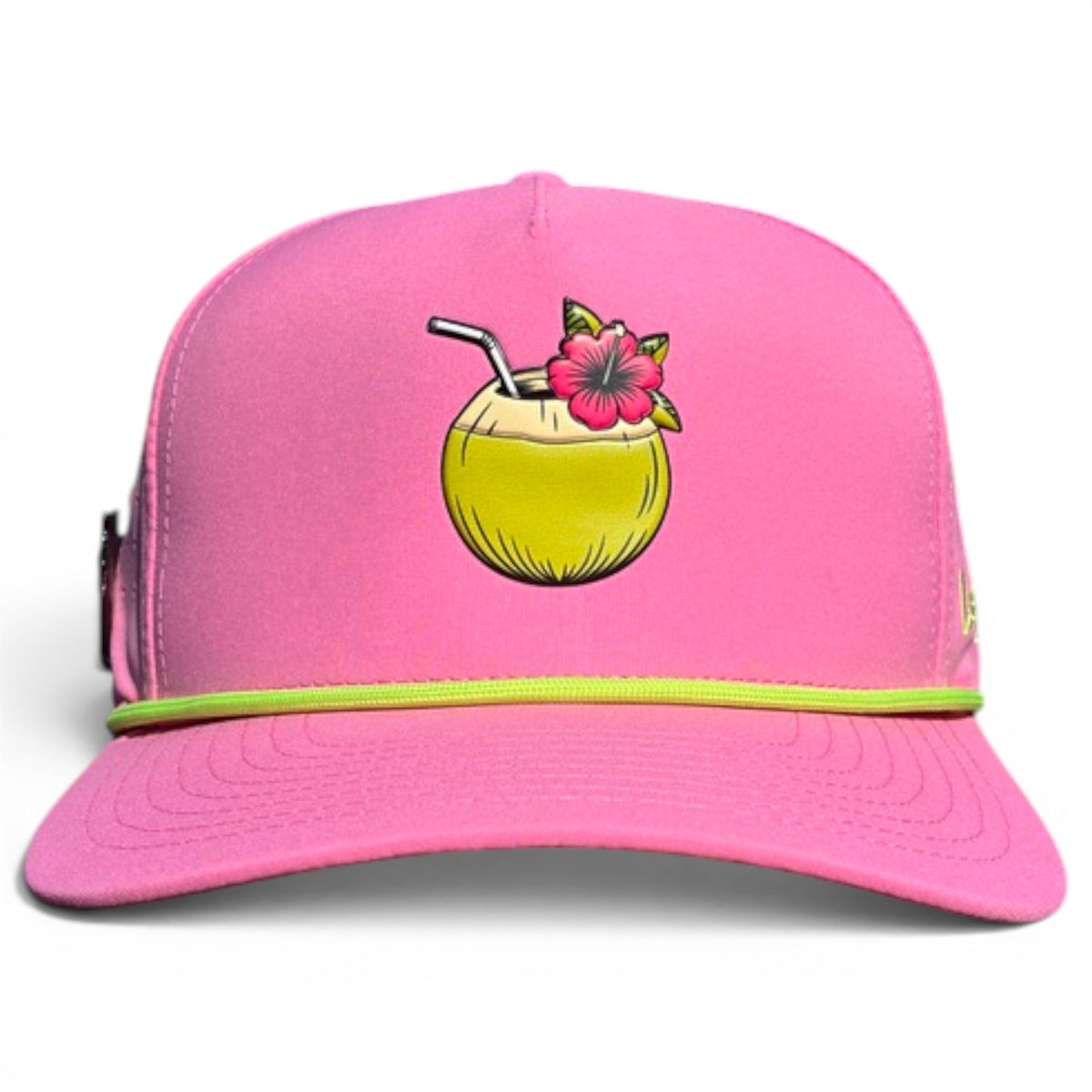 Pink snapback golf hat with coconut cocktail patch centered on front panel