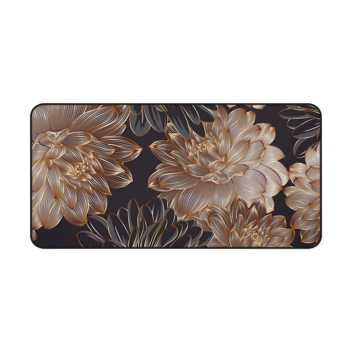 Rectangular desk mat featuring gold floral print on dark base, rounded edges