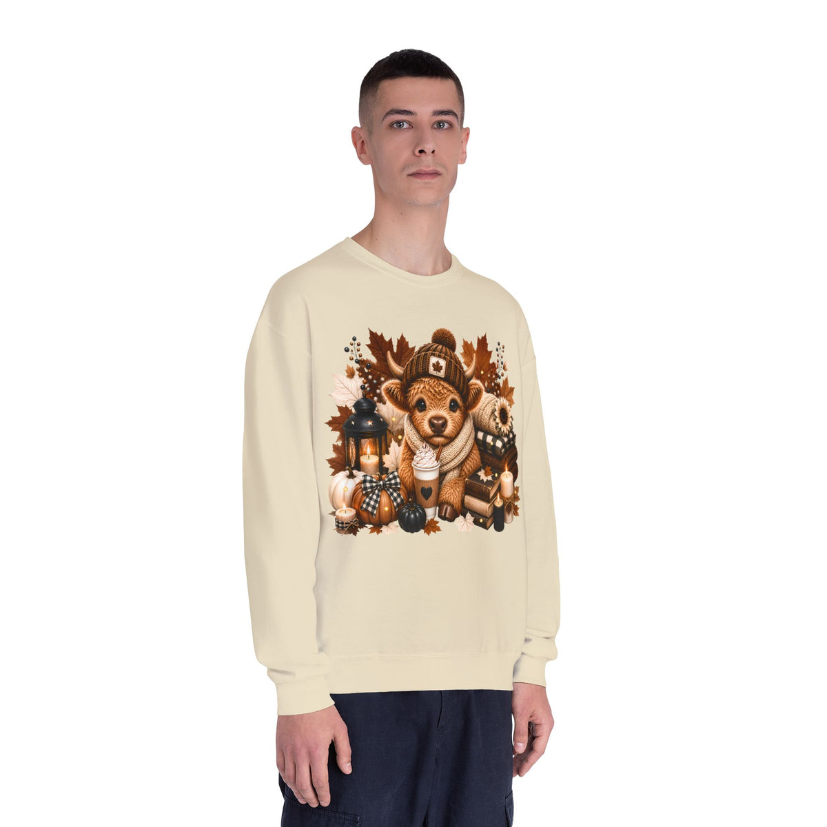 Sandstone crewneck sweatshirt on model with large autumn corgi pilgrim graphic