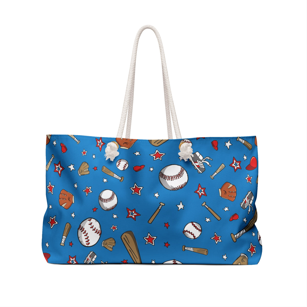 Blue baseball-themed tote bag with white rope handles and allover print