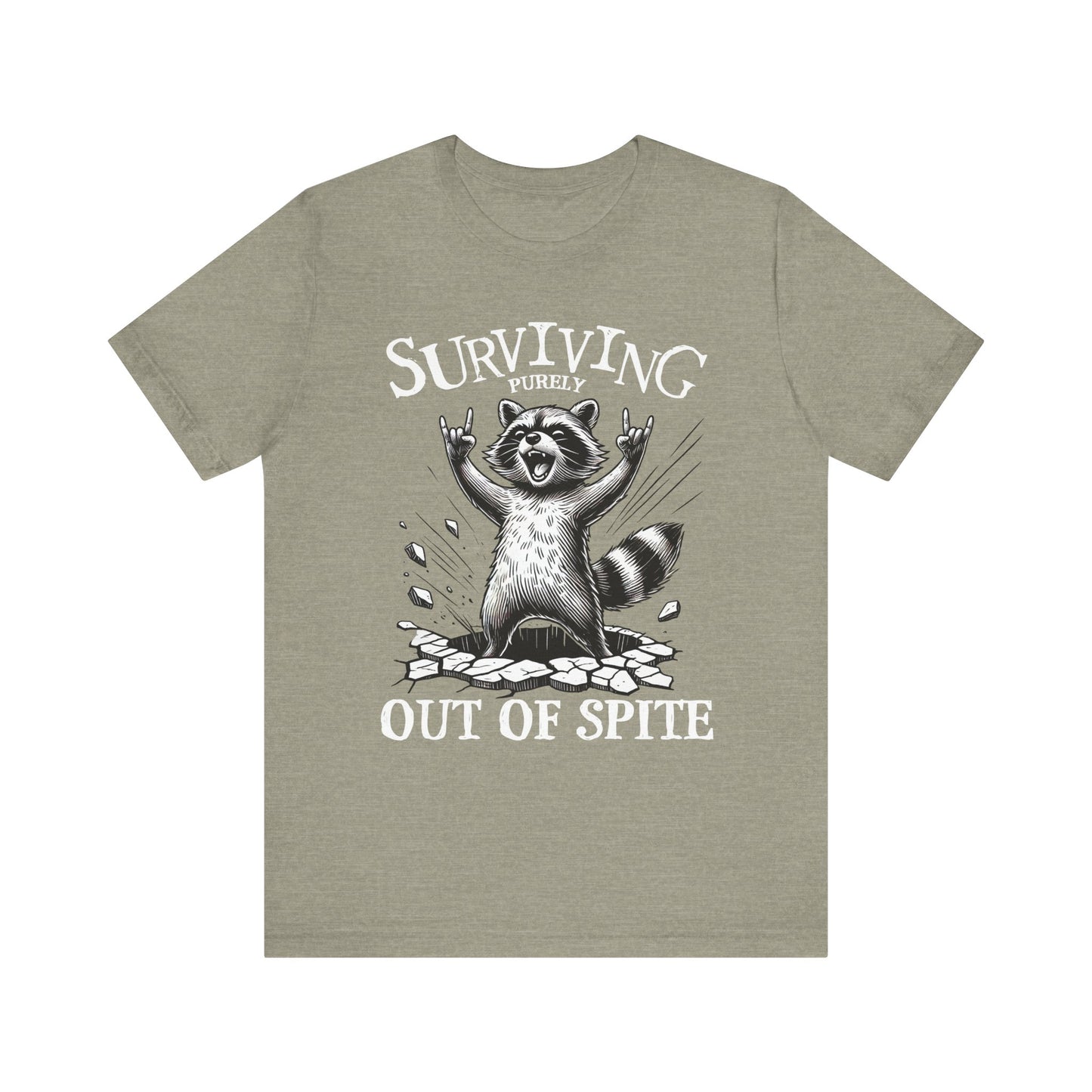 Heather stone crew-neck t-shirt with raccoon graphic and 'Surviving Out of Spite' text