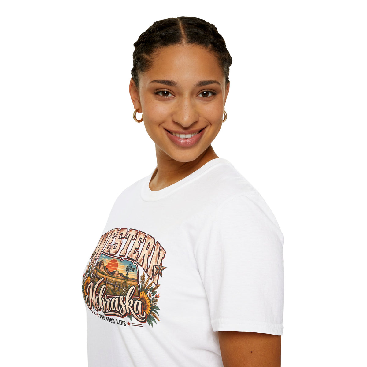 White Nebraska graphic T-shirt on model, side view of “WESTERN Nebraska” vintage print