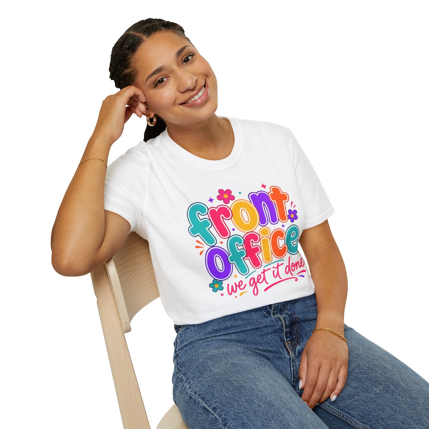 White T-shirt on model with colorful 'Front Office' floral slogan graphic