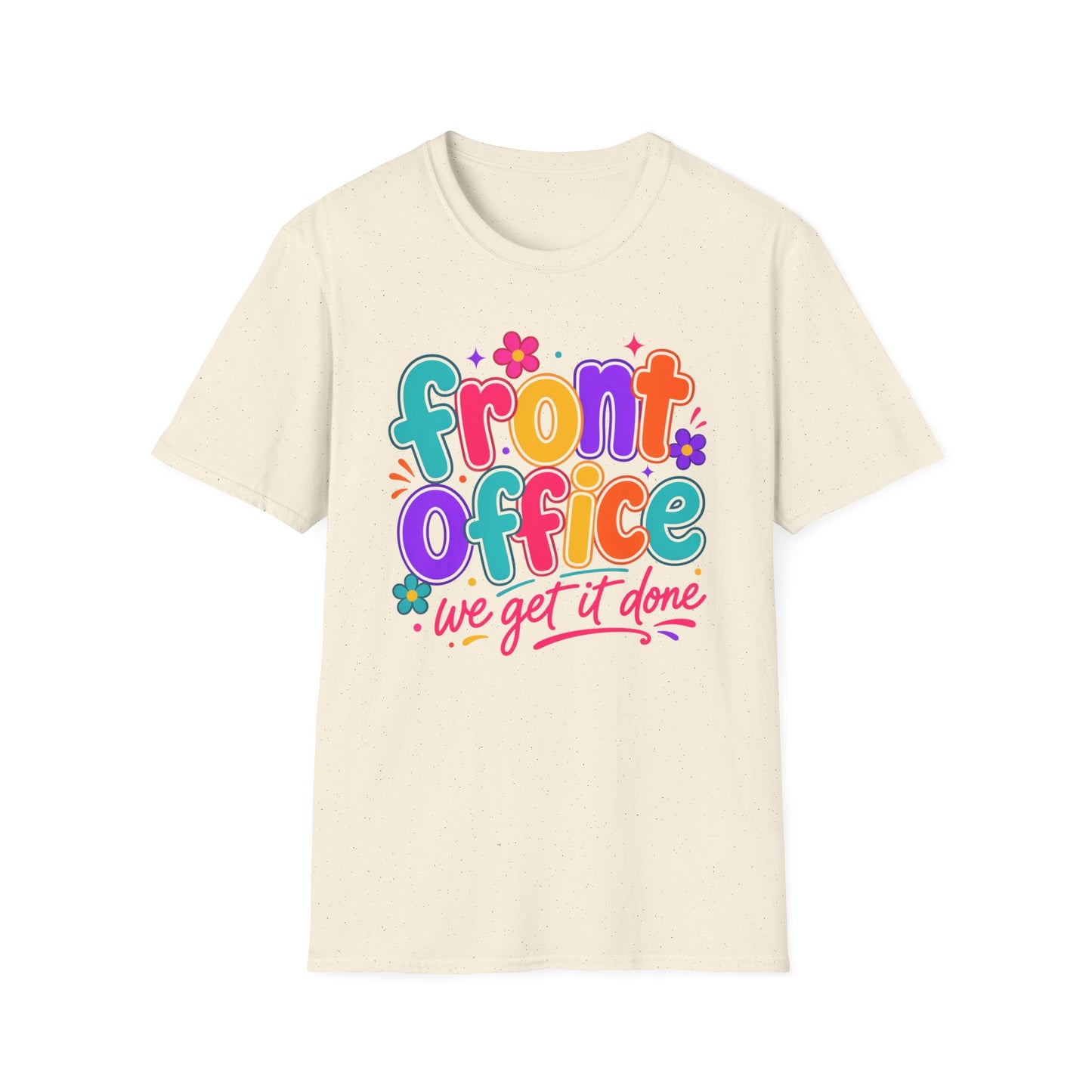 Natural/off-white T-shirt with colorful 'Front Office' floral and slogan graphic