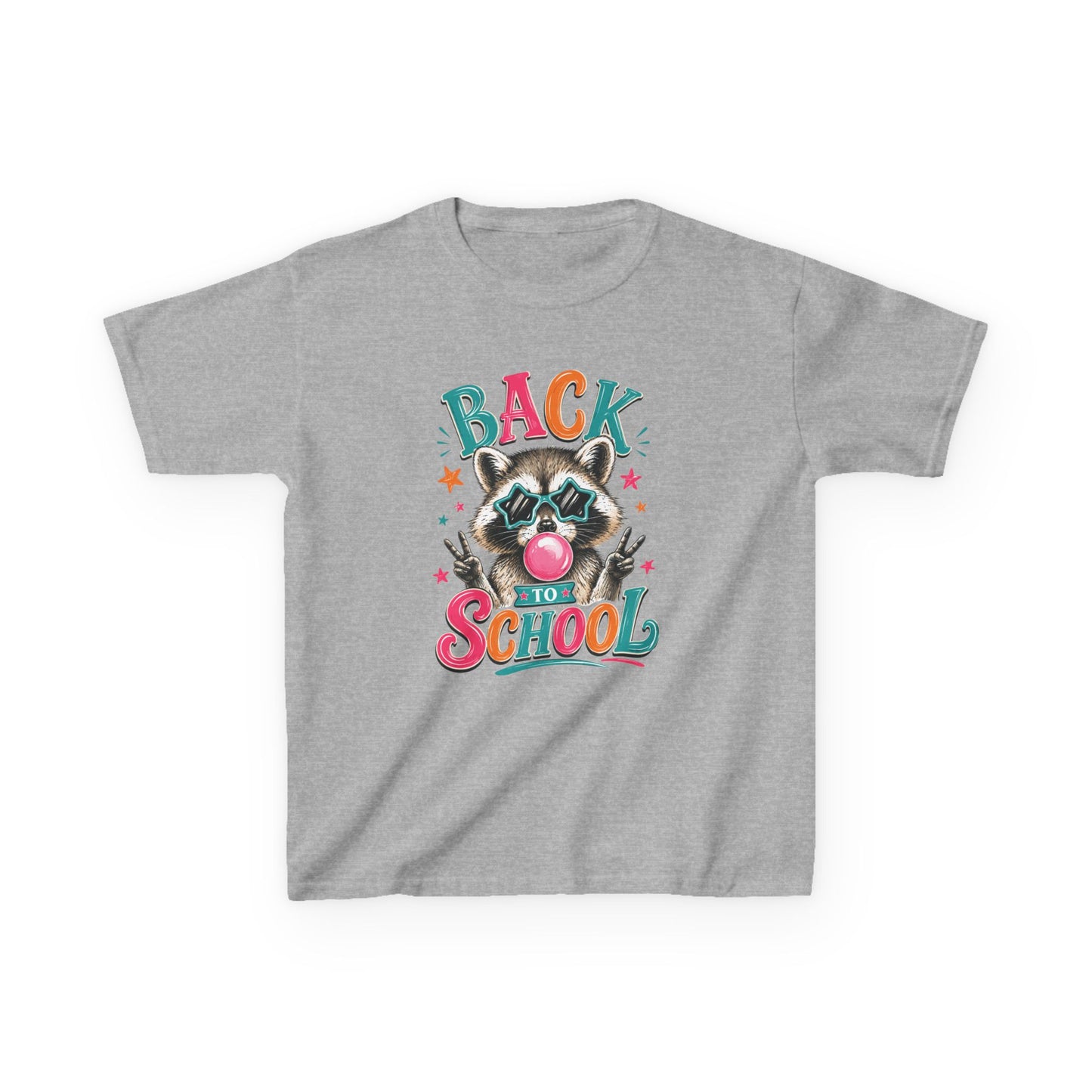 Kids heather gray crewneck T-shirt with colorful “Back to School” raccoon graphic