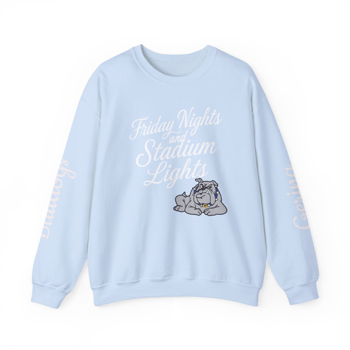 Light blue crewneck sweatshirt with “Friday Nights and Stadium Lights” graphic and bulldog emblem