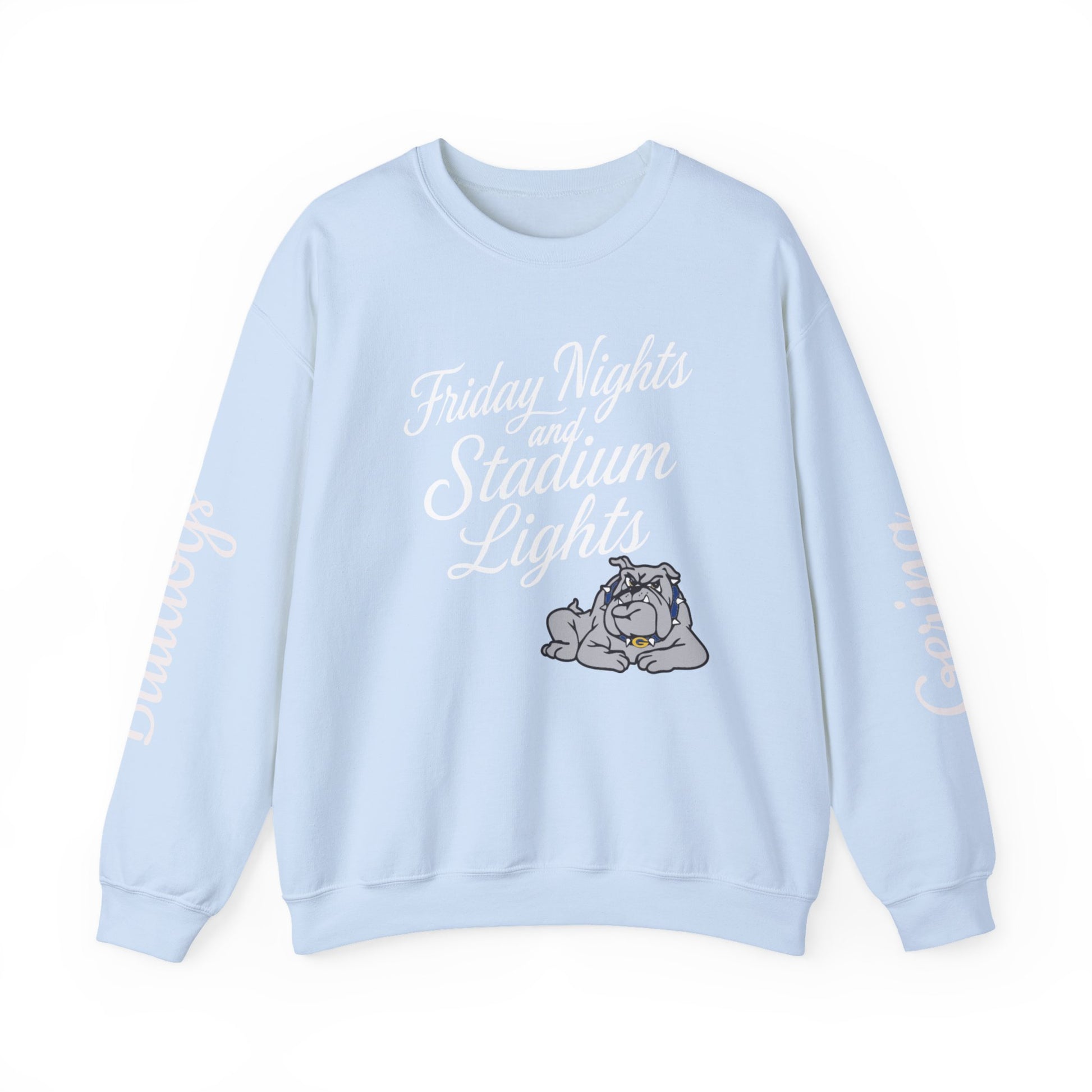 Light blue crewneck sweatshirt with “Friday Nights and Stadium Lights” graphic and bulldog emblem