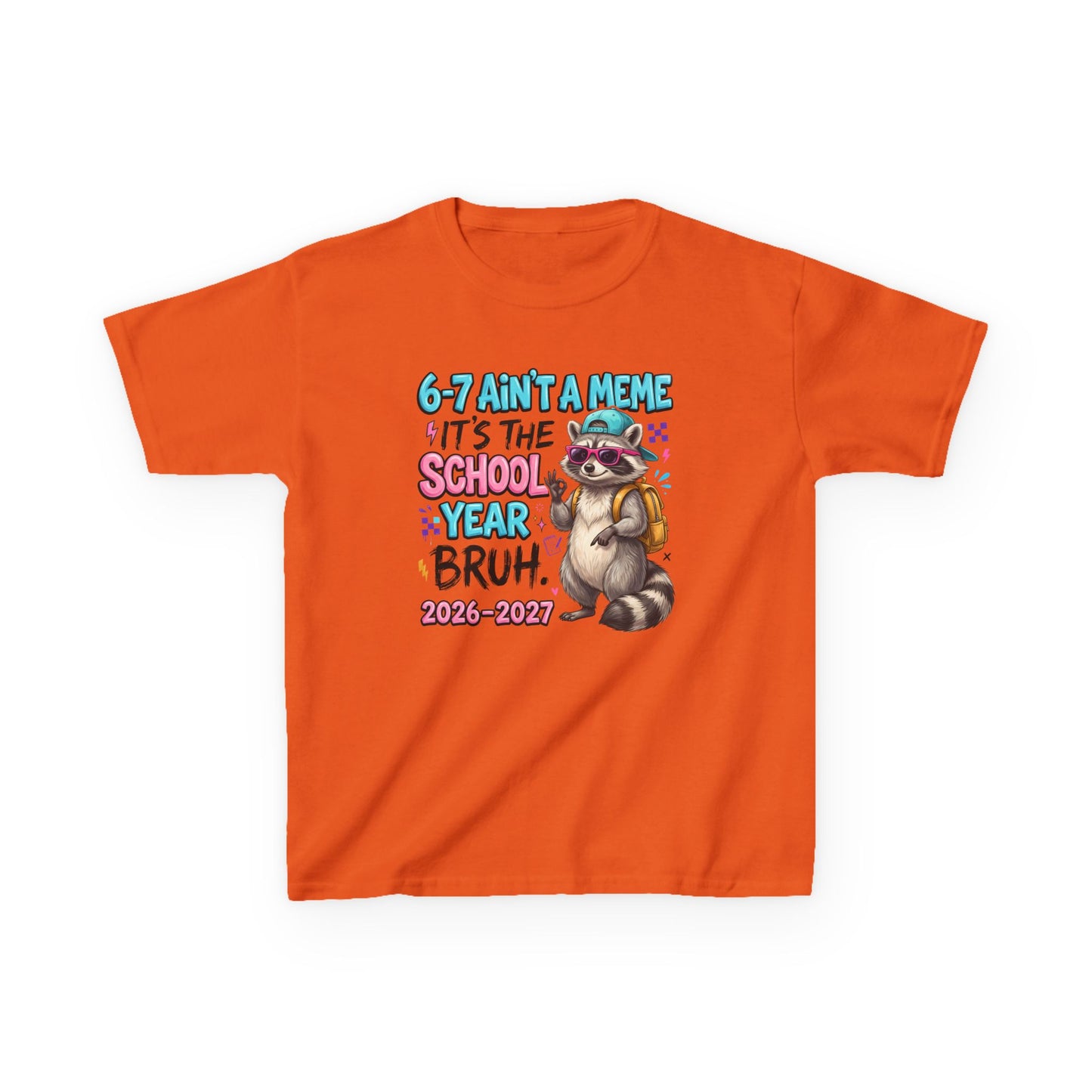 Orange kids graphic T-shirt with colorful raccoon backpack meme print, short sleeves