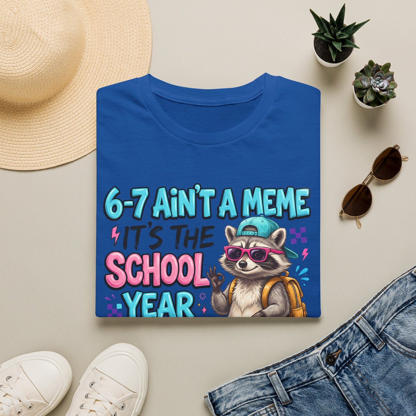 Royal blue raccoon back-to-school T-shirt with colorful school-year graphic
