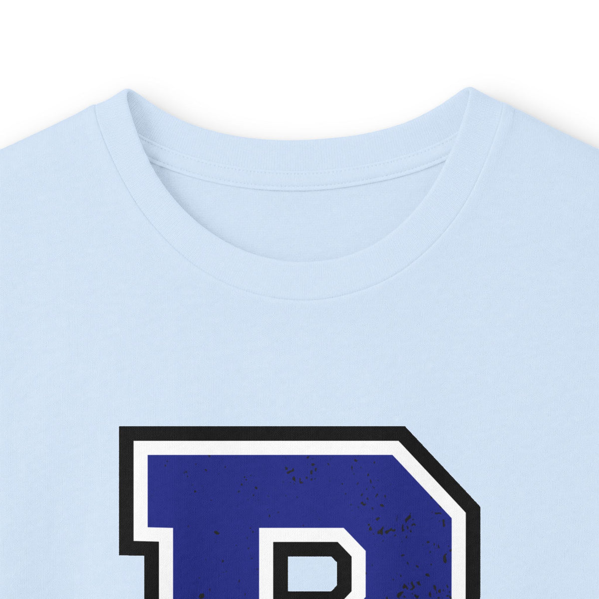 Light blue long-sleeve T-shirt with crew neckline and large blue bulldog letter logo