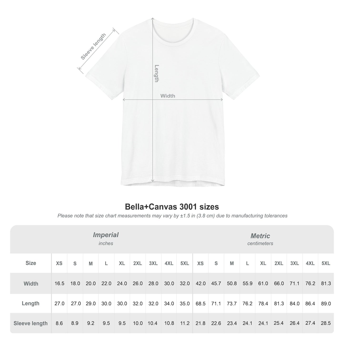 White unisex short sleeve jersey tee with size chart measurements overlay