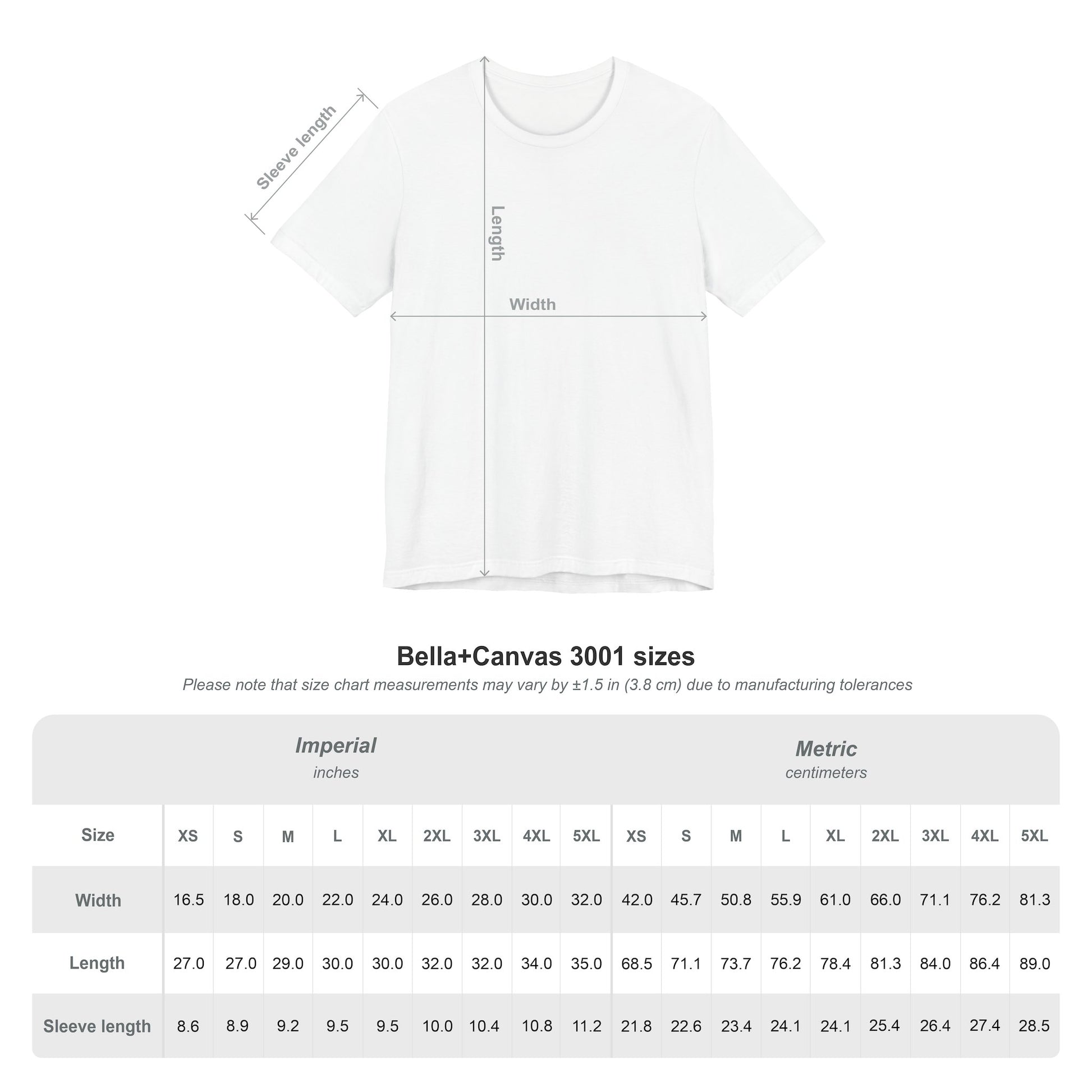 White unisex short sleeve jersey tee with size chart measurements overlay