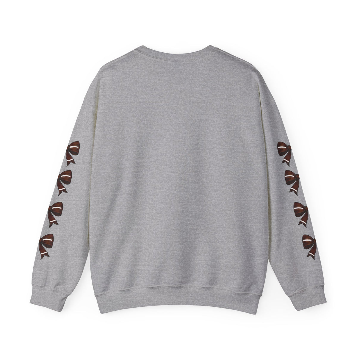 Sport grey crewneck sweatshirt, back view with football mask bow print on both sleeves