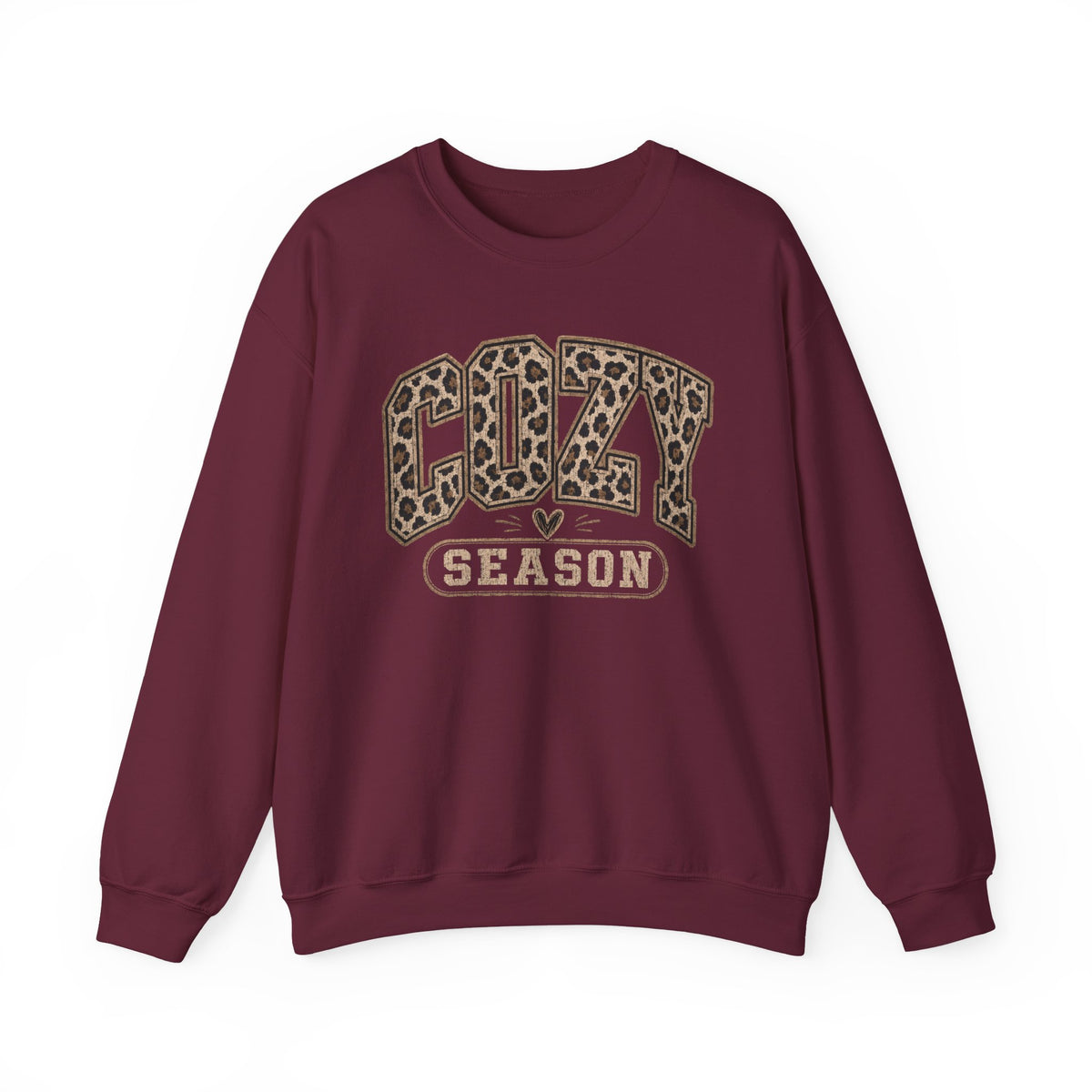 Maroon crewneck sweatshirt with leopard-print “COZY” and “SEASON” front graphic