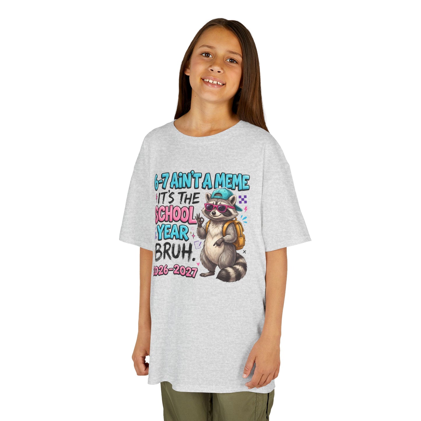 Heather gray kids graphic T-shirt with raccoon holding backpack, back-to-school meme print