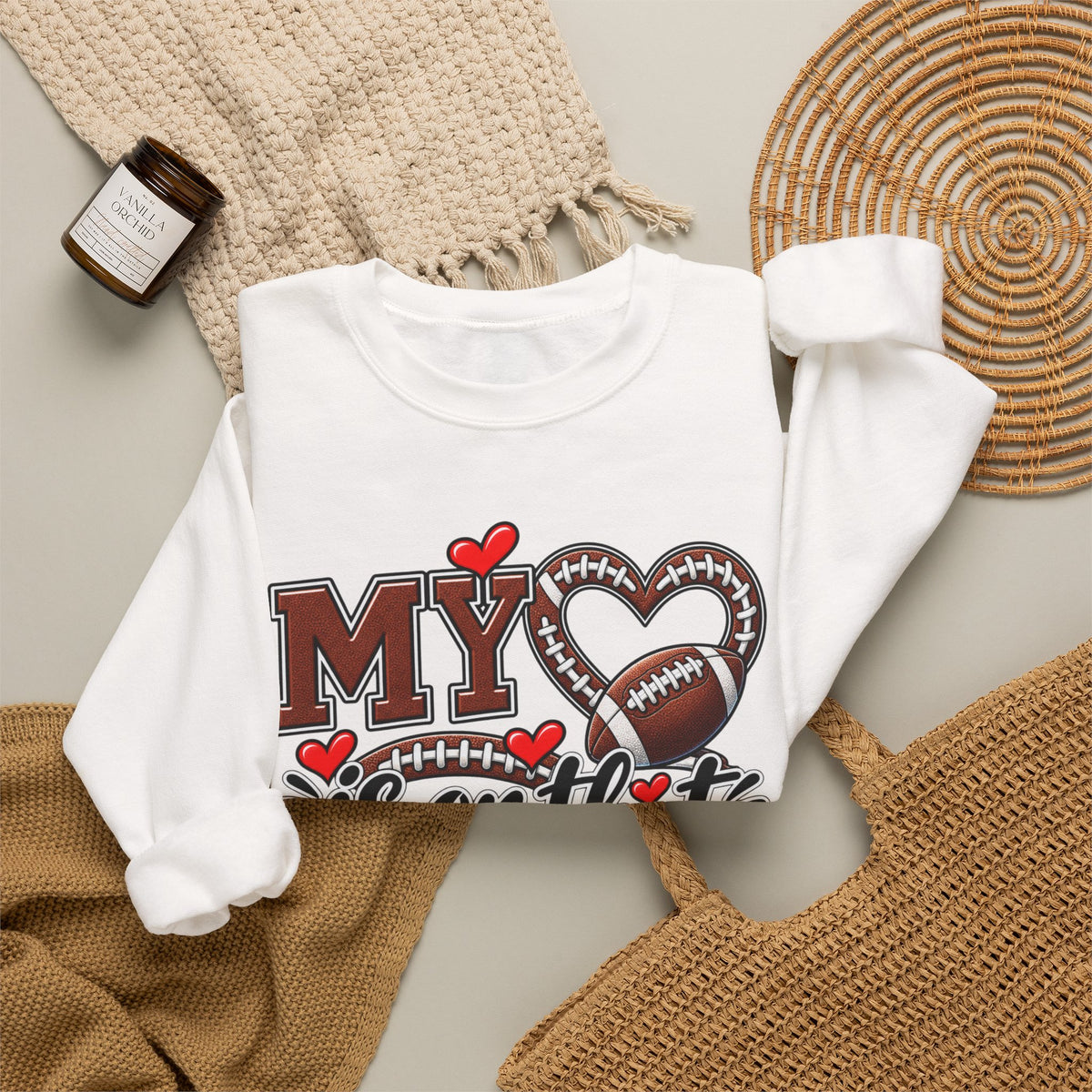 White crewneck sweatshirt with 'My' heart and football field-style graphic
