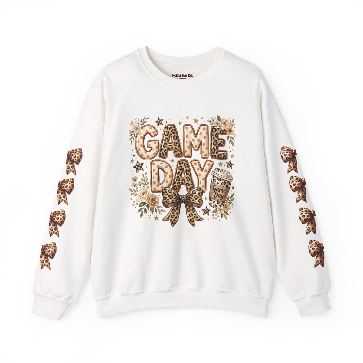 White crewneck sweatshirt with leopard bow sleeves and “GAME DAY” front graphic