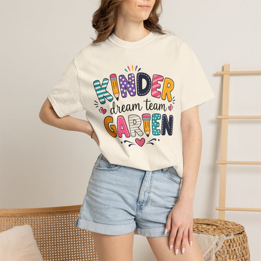 Kids teacher T-shirt, white with colorful Kinder Dream Team Garden graphic