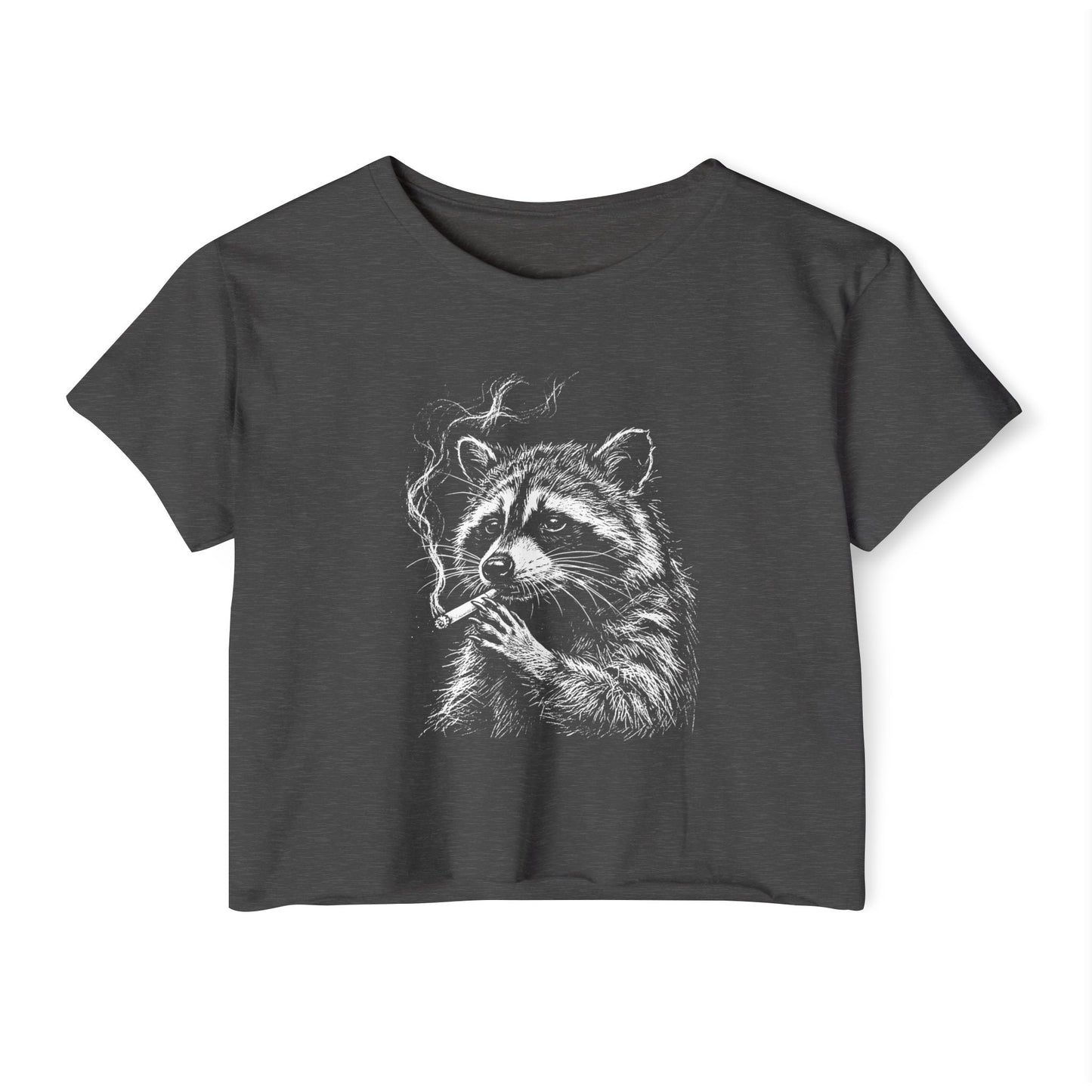 Dark gray crop top with white raccoon face and paw graphic