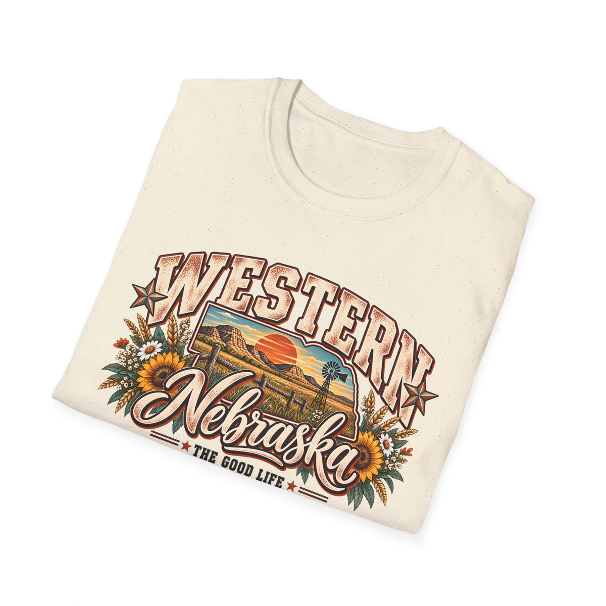 Natural T-shirt with vintage-style Western Nebraska front graphic print
