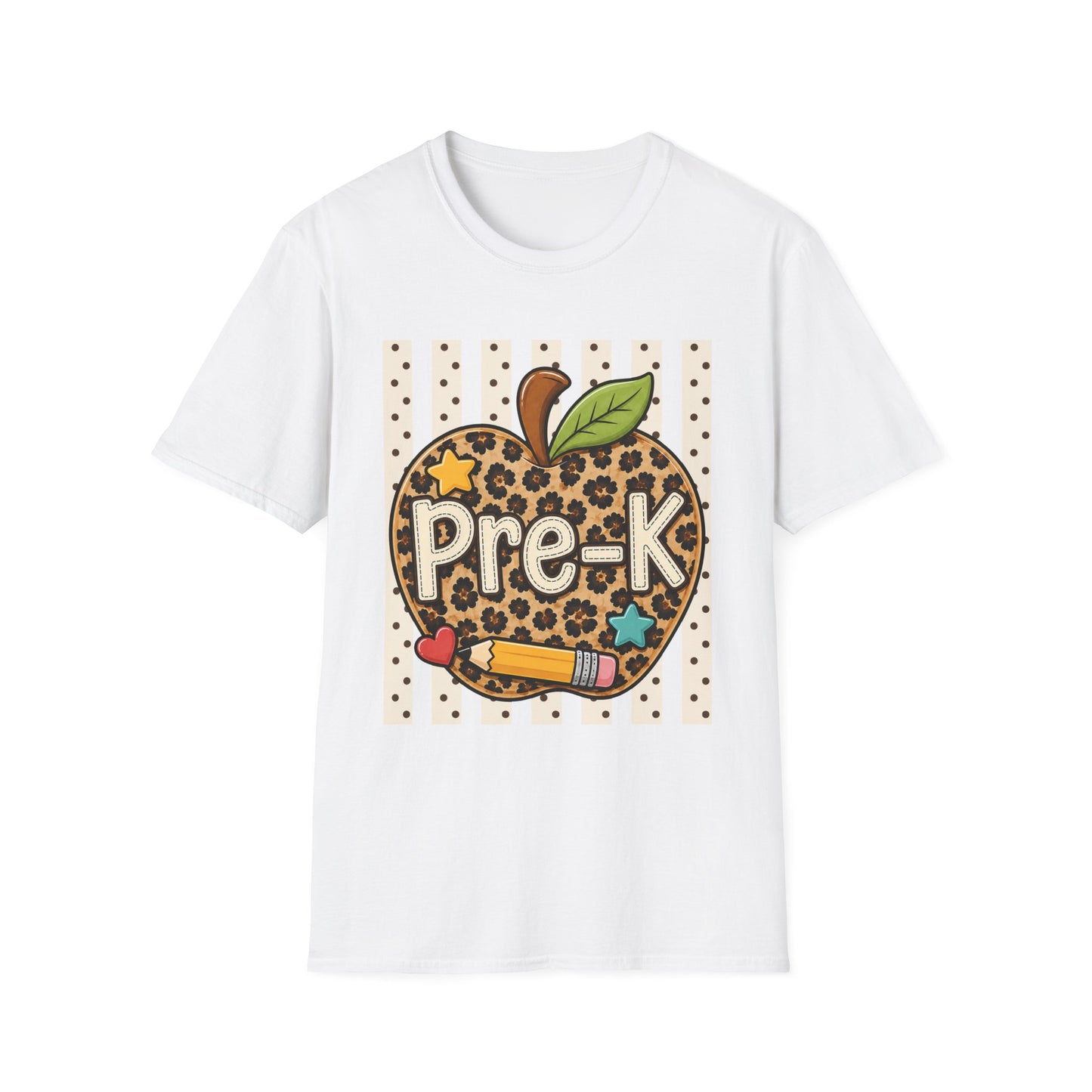 White preschool T-shirt with leopard-print apple “Pre-K” graphic centered