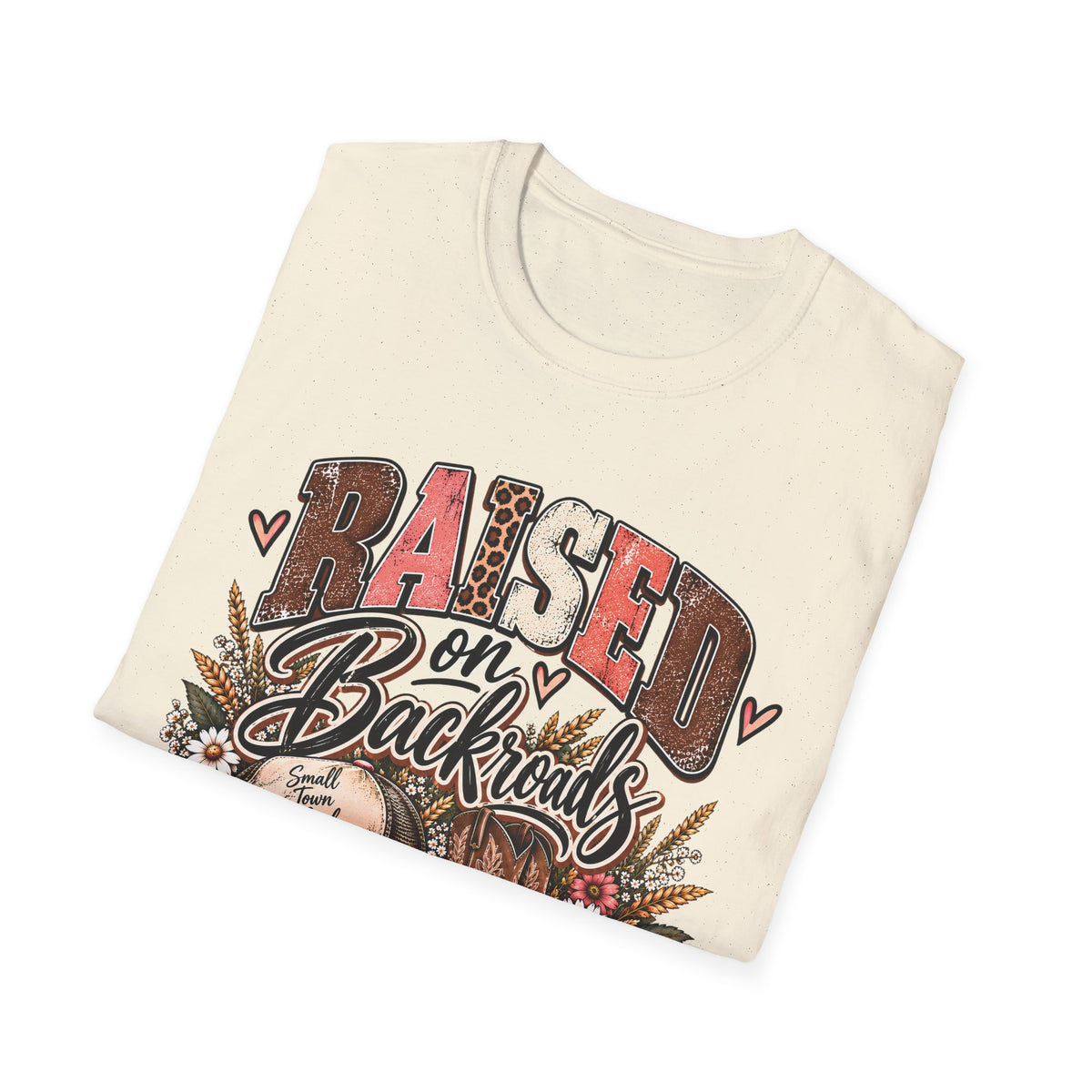 Natural crew-neck t-shirt with large floral truck graphic on front