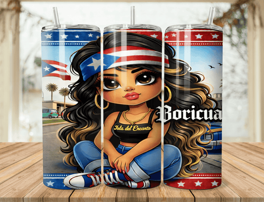 20oz tumbler with Latina chibi wearing blue, long black hair; Puerto Rico flag-themed wrap
